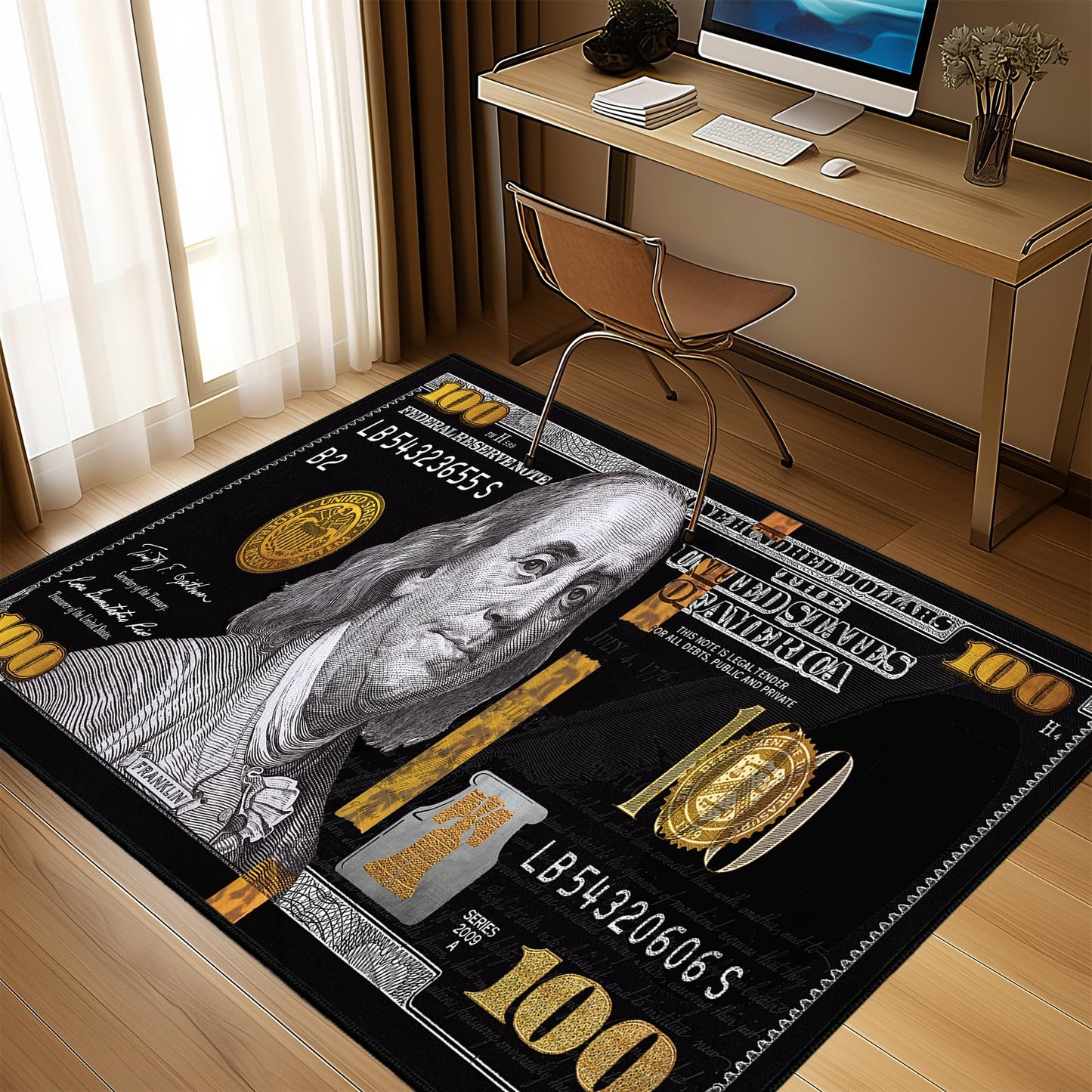 Money Rugs for Living Room 4x6 Area Rug for Bedroom,100 Dollar Bill Throw Rug Washable Rugs Indoor,Hundred Dollar Bills Area Carpet Non Slip Soft Floor Carpets Mat for Dining Room,Laundry,Office,Black