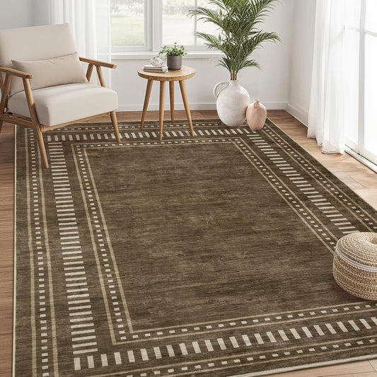 Garvee 4x6 Area Rug - Machine Washable Non-Slip Small Carpet, Soft Low-Pile Farmhouse Floor Mat for Bedroom Home Office Nursery, Foldable Indoor Rug with TPR Backing, Pet Friendly, Brown