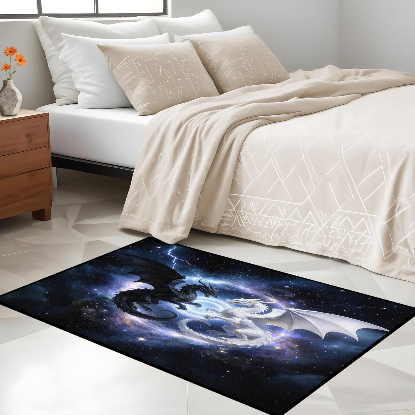 VTKON 2x3 Black and White Dragon Area Rug Washable for Living Room, Indoor Non Slip Fantasy Starry Sky Dragon Print Carpet for Kids Boys Bedroom, Animal Theme Floor Mat Room Decor