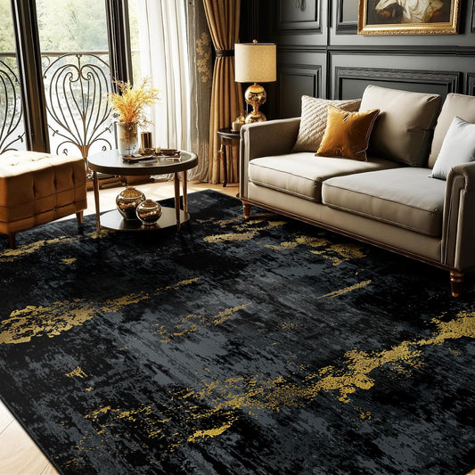 RELEANY Washable Area Rugs 8'x10' Non-Slip Modern Abstract Soft for Living Room Entryway Bedroom Kitchen, Print Pattern, Dark Black Gold