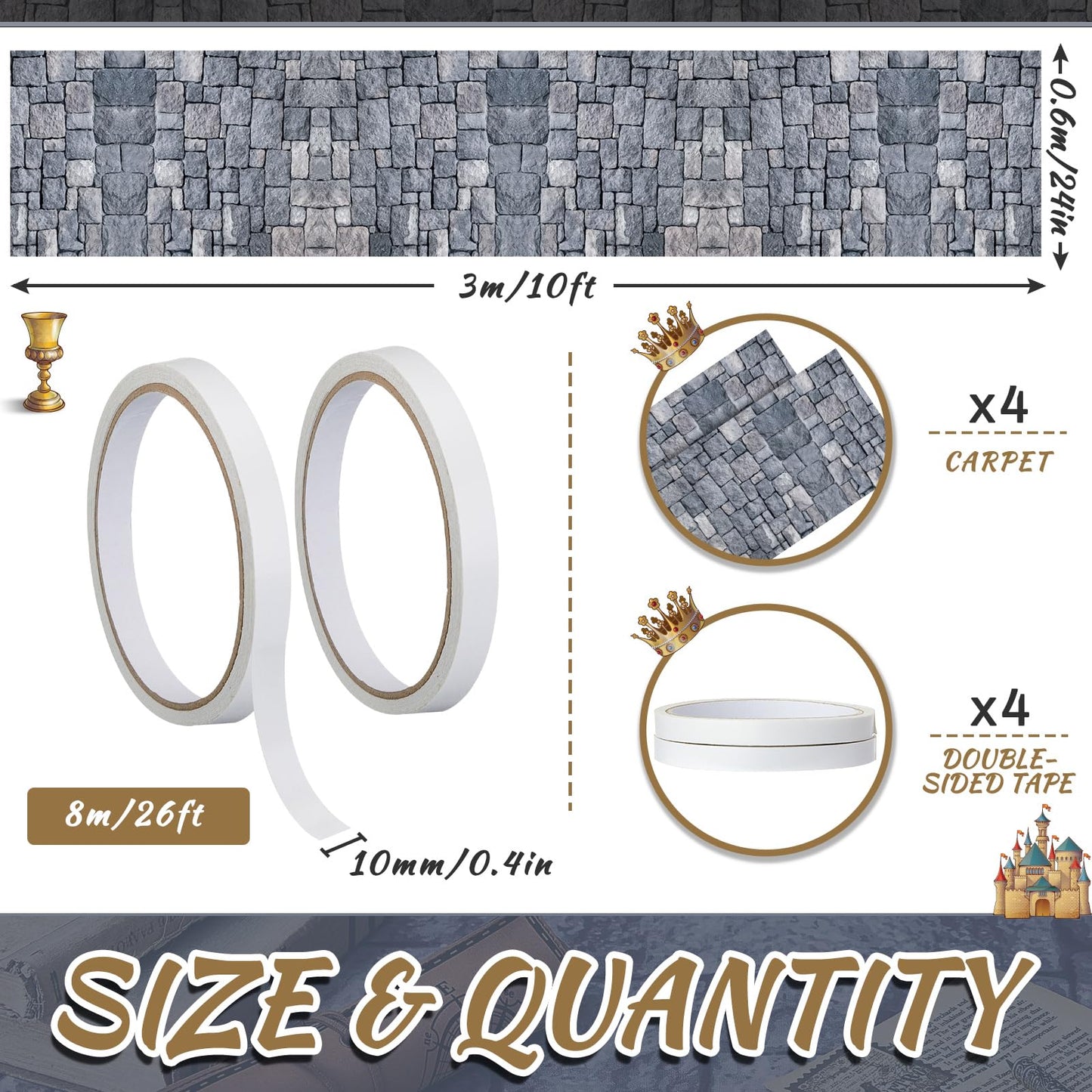 Fabbay 4 Pack 10ft Cobblestone Aisle Runners Medieval Party Decorations Polyester Brick Stone Printed Floor Runners for Medieval Castle Knight Themed Party Supplies Castle Table Cover