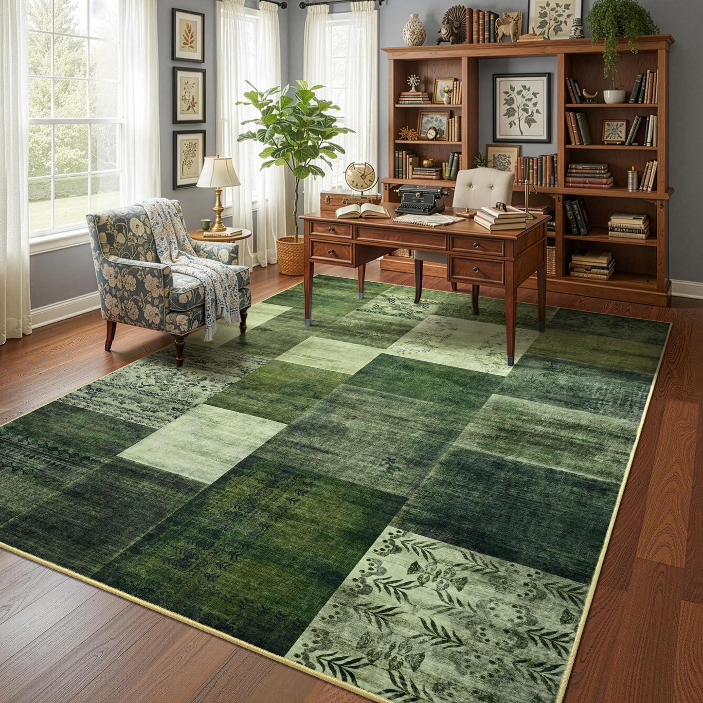 DweIke Washable Area Rugs 4x6 for Living Room, Modern Geometric Green Soft Patchwork Carpet, Non-Slip Stain Resistant Throw Rug for Bedroom Dining Room Office Home Decor
