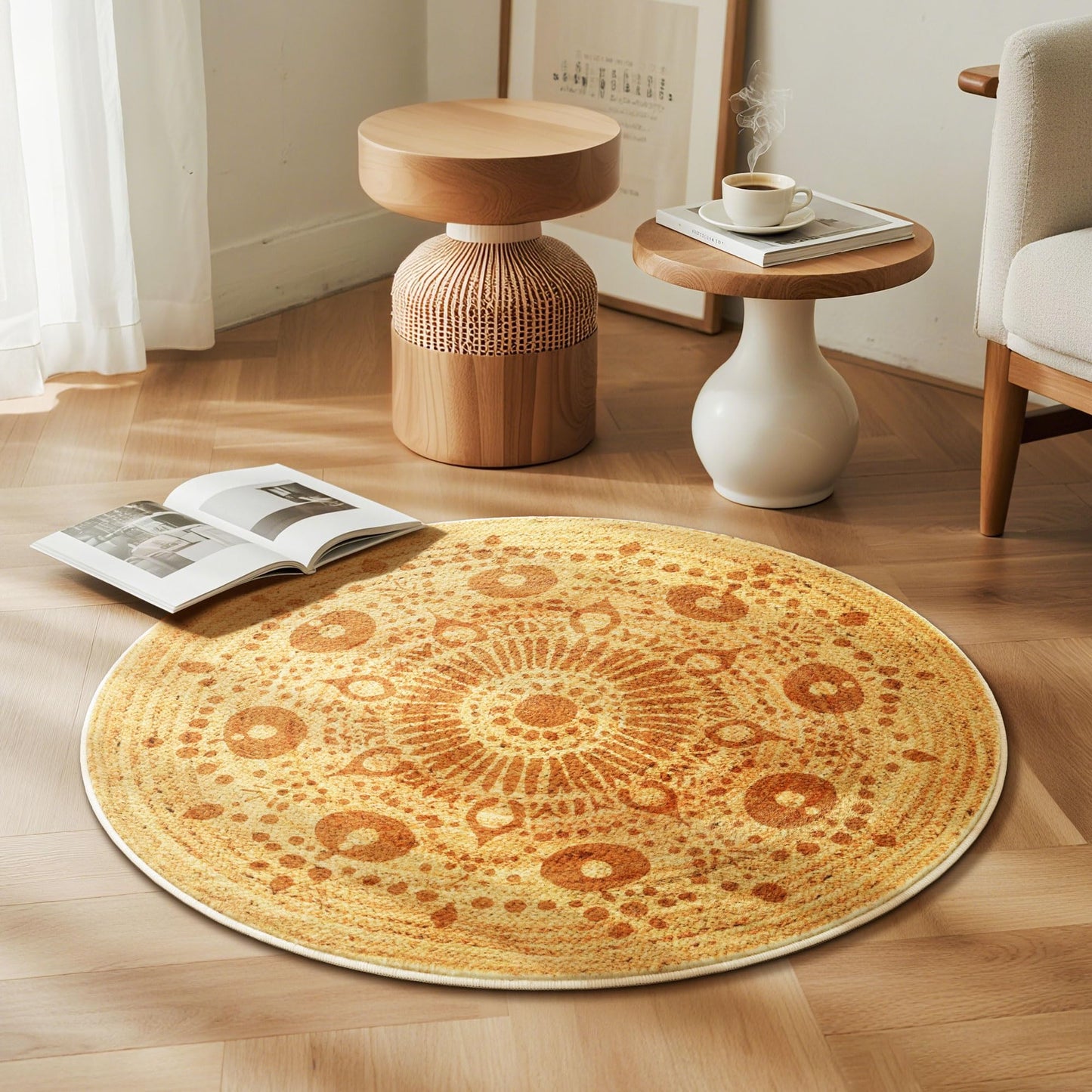 Carvapet 3ft Small Round Accent Rug - Smooth Flat Printed Faux Jute Circle Carpet, 36-Inch Low Pile Washable Skid-Resistant Floor Mat for Indoor Plant Pot Vanity Stool Pet Corner Entryway Bedside