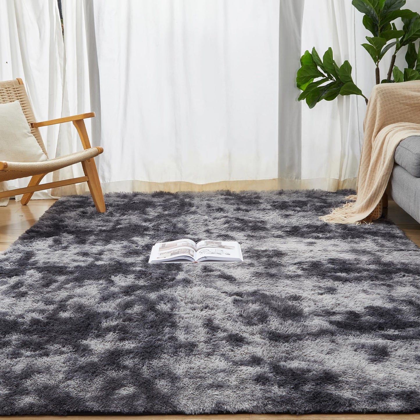 Humube Large 6x9 Area Rugs for Living Room, Indoor Shaggy Rugs for Bedroom, Anti-Slip Fluffy Shag Rugs Fuzzy Furry Plush Rugs for Kids Girls Room Decor, Tie-Dyed Dark Grey