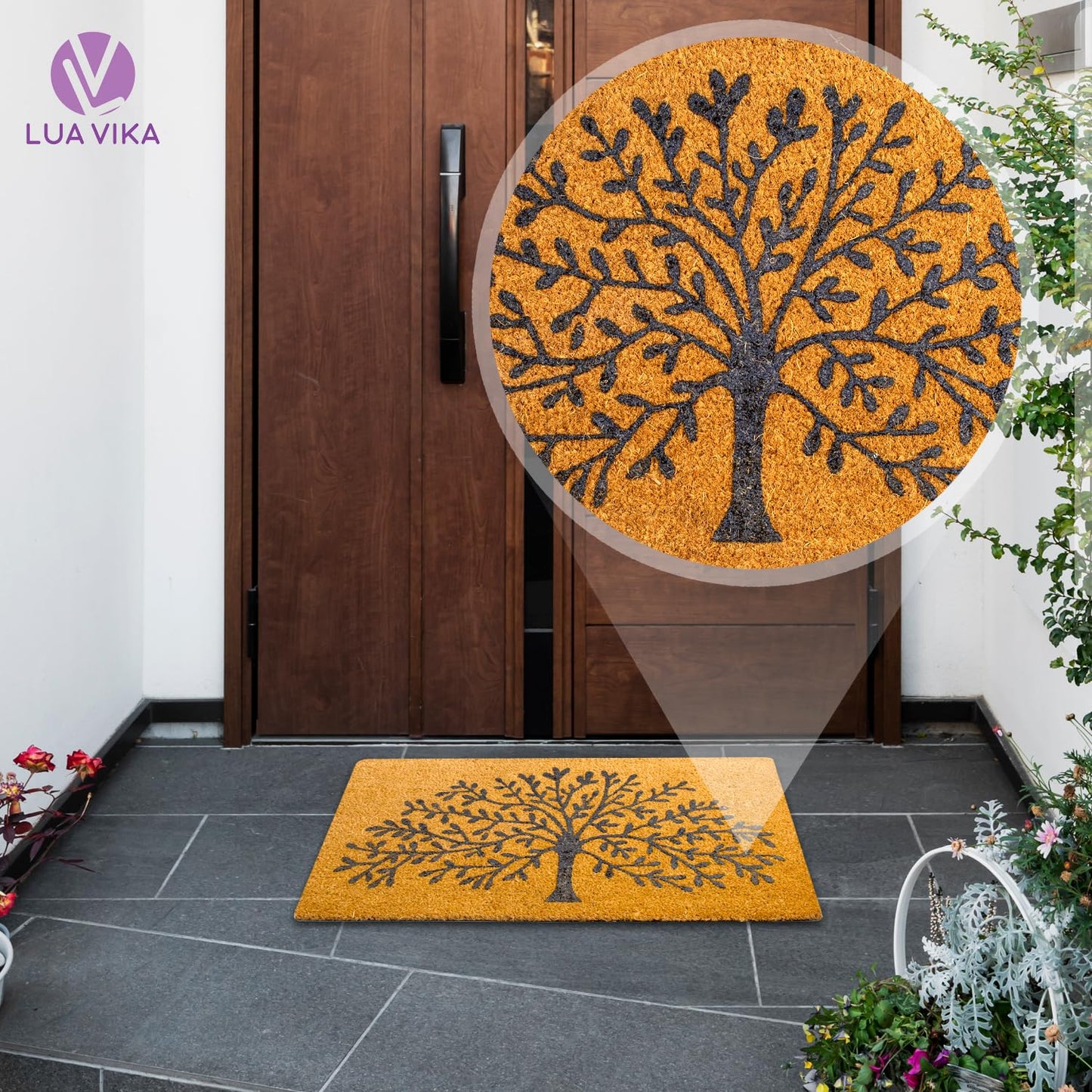LUA VIKA Coir Doormat, 16''x27.5'', Tree of Life, Outdoor Indoor Welcome Mat for Home Entrance