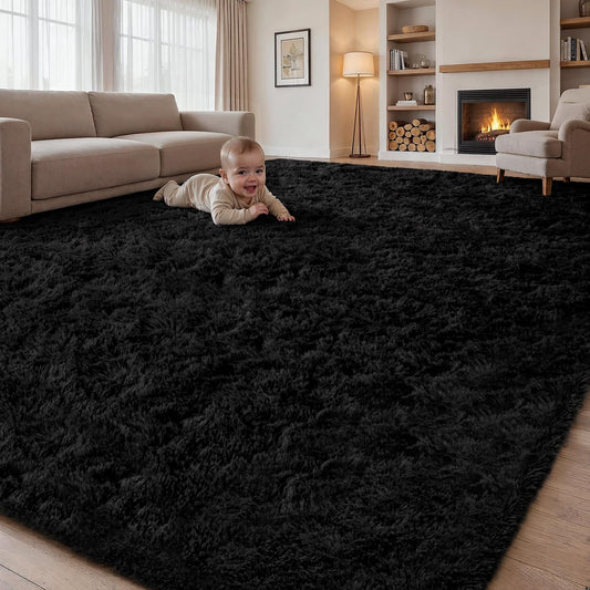 Area Rugs 9x12 Living Room Bedroom: Soft Fluffy Shag Rugs Upgrade Non-Slip High Pile Carpet Large Fuzzy Plush Indoor Floor Shaggy Carpets for Nursery Kid Playroom Office Dorms Home Decor Black