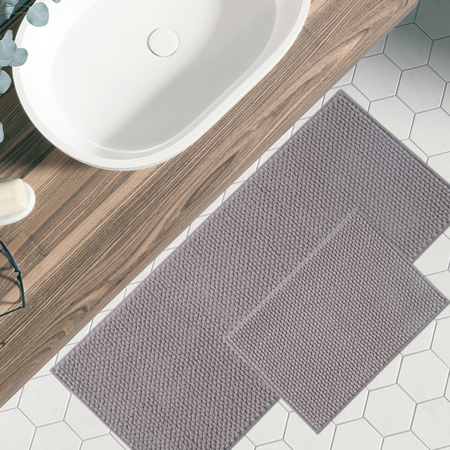 FRESHMINT Chenille Bathroom Rugs Sets 2 Piece 17"x24"+20"x47", Non-Slip Bath Mats Set for Bathroom, Absorbent Bath Rug, Washable Set of 2 Shower Floor Mat Runner, Gray