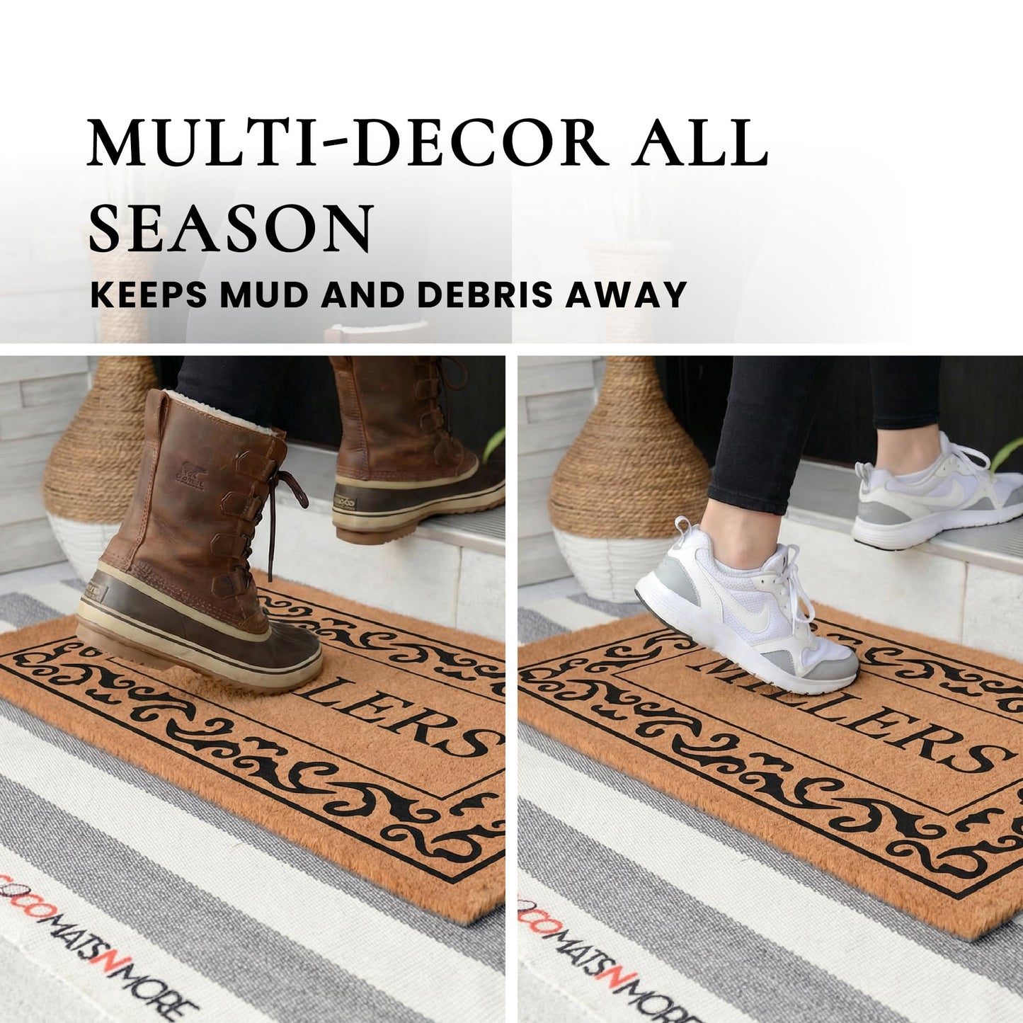 COCO MATS 'N MORE Coco Coir Door Mat – Personalized Outdoor Welcome Mat, Front Porch Mat with Vinyl Backing & Heavy-Duty Dirt-Trapping Bristles, (18" x 30" | Black | Rolling Scrolls | Made in USA)