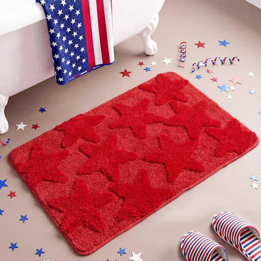 Capoda 1 Pcs Patriotic Bathroom Rug 20 x 30 Inch 4th of July Star Bath Mat Non-Slip Soft Microfiber 4th of July Shower Rug for Independence Day Home Kitchen Bathroom Entrance Decor(Star, Red)