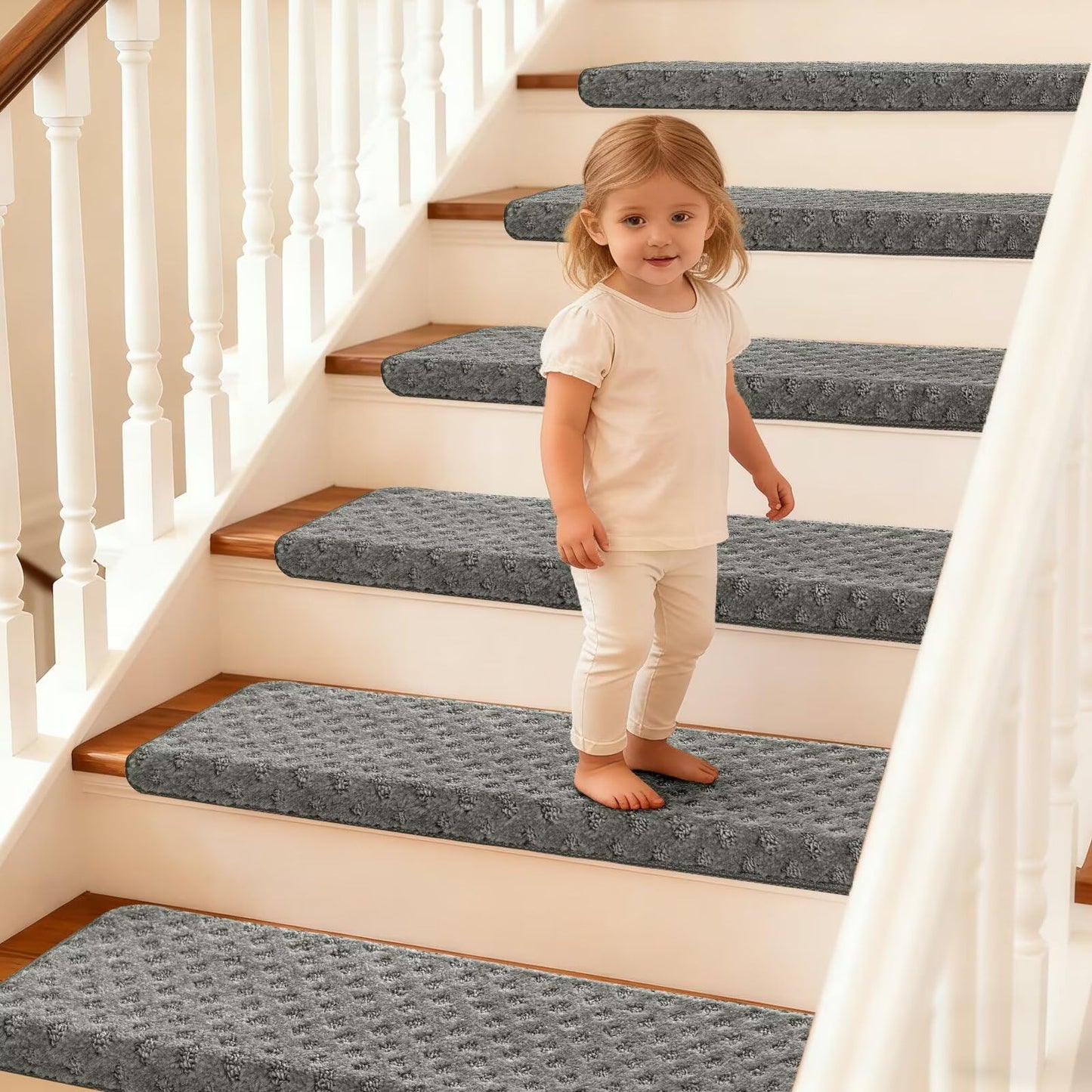 DEXDE Bullnose Carpet Stair Treads Non Slip for Wooden Steps Indoor, 30" x 9.5" x 1.7" (7 Pack) Grey - Peel and Stick Stair Runner Rugs with Edge Protection, Washable & Reusable Pet Friendly Mats
