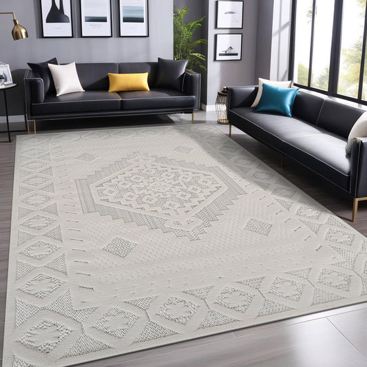Luul Home Modern Micro Loop Indoor Area Rugs for Living Room Bedroom Kitchen Geometric Trellis White 4x6 Luxury Durable Low and High Pile Non-Shedding Stain Resistant Soft Area Carpet 4 x 6