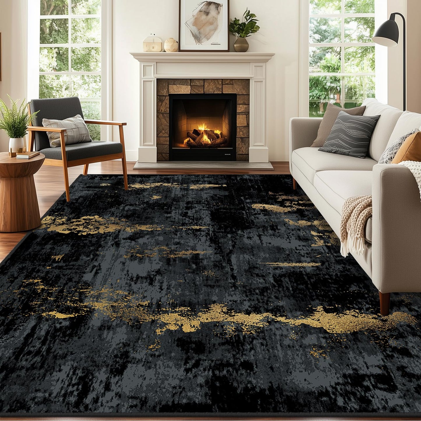 RELEANY Washable Area Rugs 8'x10' Non-Slip Modern Abstract Soft for Living Room Entryway Bedroom Kitchen, Print Pattern, Dark Black Gold