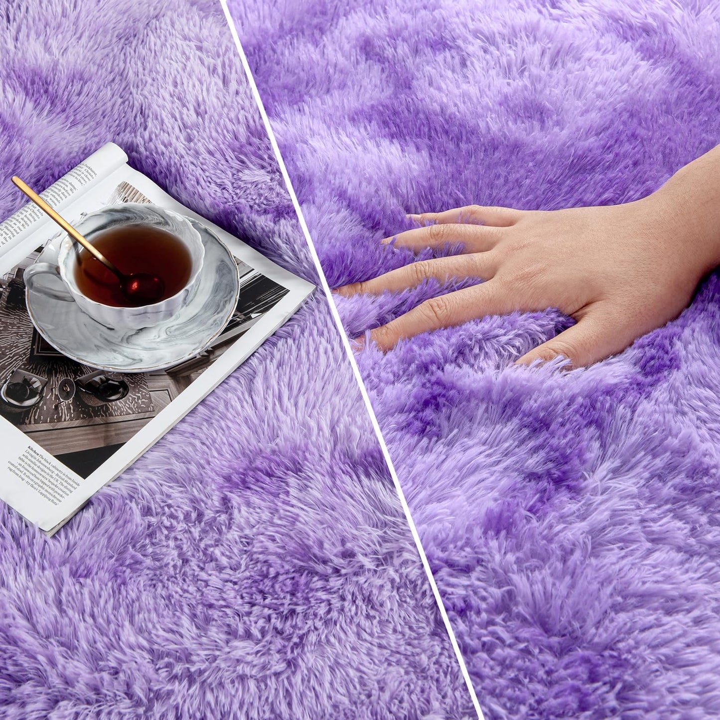 Deerhoo Soft Modern Shaggy Fluffy Carpets for Living Room Bedroom Girls Room Nursery Home Decor, 4 X 6 Tie-Dyed Plush Fuzzy Rugs, Indoor Carpet Shag Area Rug for Kids Room, Purple