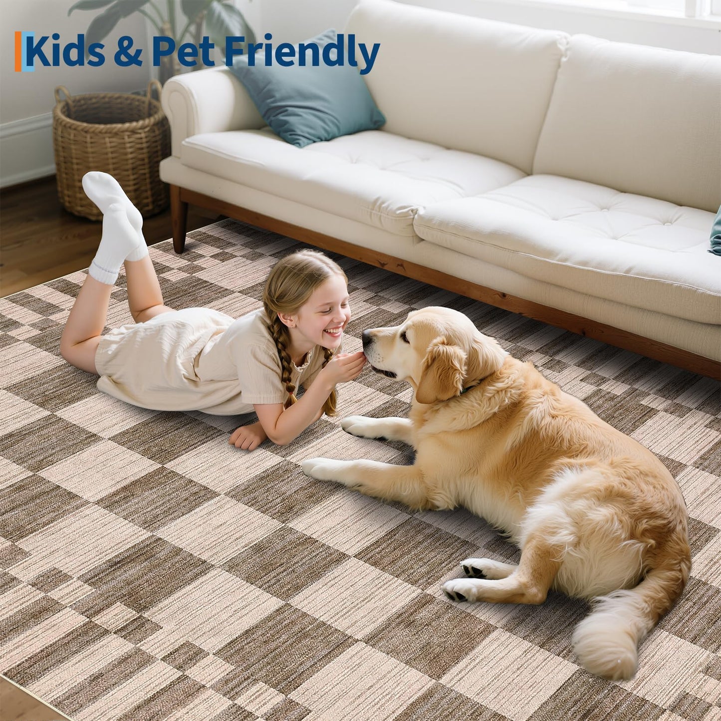GarveeHome 8×10 Area Rugs for Living Room,Modern Brown Checkered Rug,Geometric Tan Brown Print Non-Slip Washable Farmhouse Checkerboard Rugs for Bedroom Dining Room Office