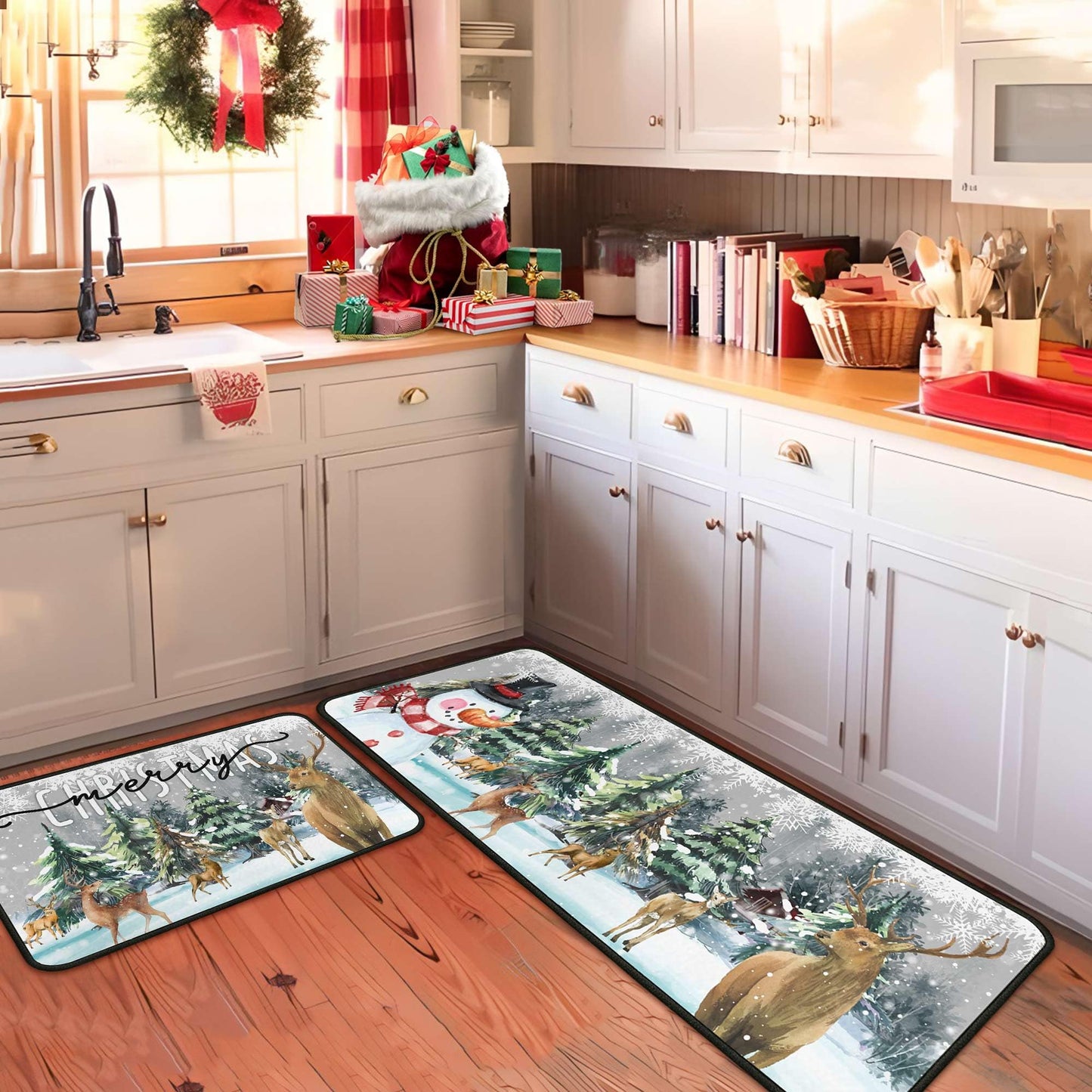 Christmas Kitchen Rugs and Mats Set of 2, Xmas Decor Non Slip Backing Xmas Trees Rug Winter Holiday Kitchen Rug Christmas Decorations for Home Low-Profile Kitchen Floor Mat 17"X47"+17"X30"