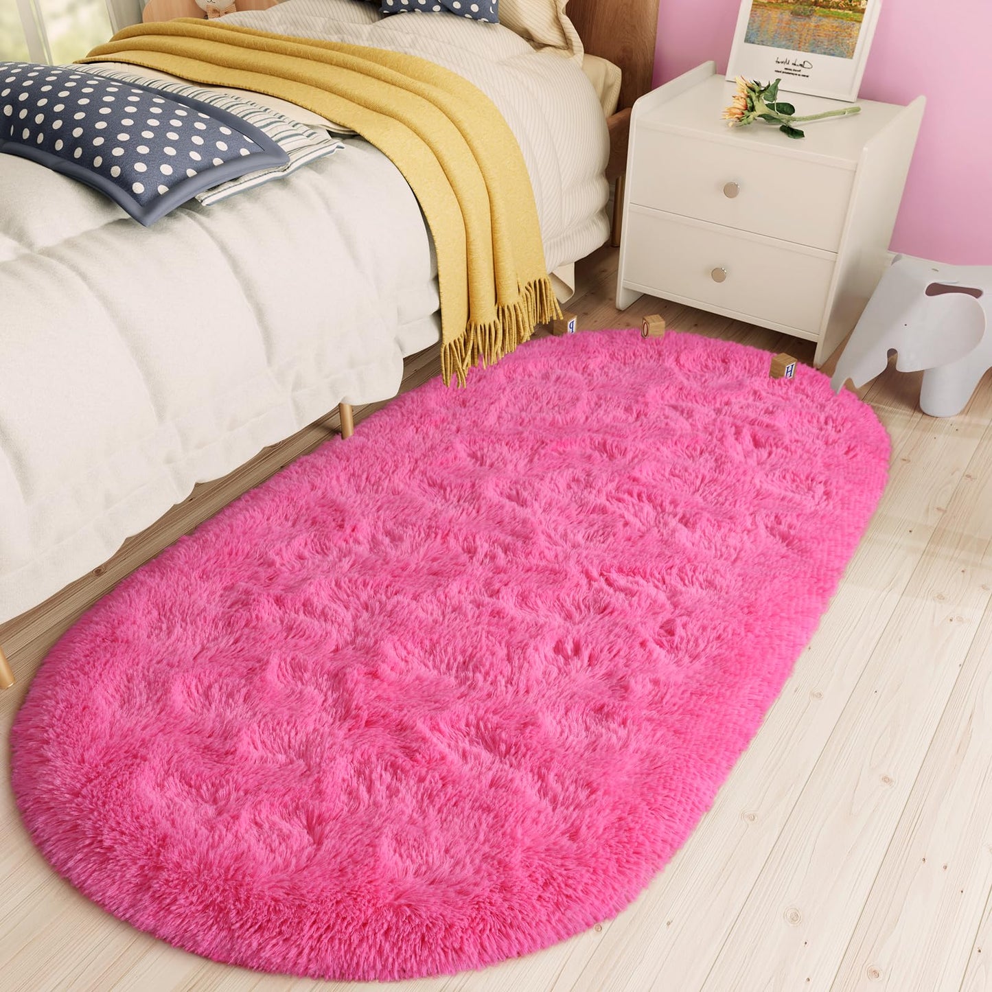 LOCHAS Bedroom Rug 2.6' x 5.3', Hot Pink Fluffy Shaggy Area Rug for Bedroom Bedside, Soft Oval Throw Rugs Carpet for Kids Girls Nursery Living Room Home Decor