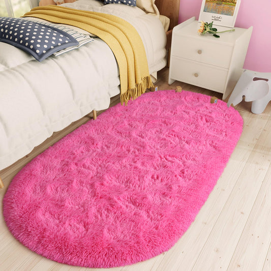 LOCHAS Bedroom Rug 2.6' x 5.3', Hot Pink Fluffy Shaggy Area Rug for Bedroom Bedside, Soft Oval Throw Rugs Carpet for Kids Girls Nursery Living Room Home Decor