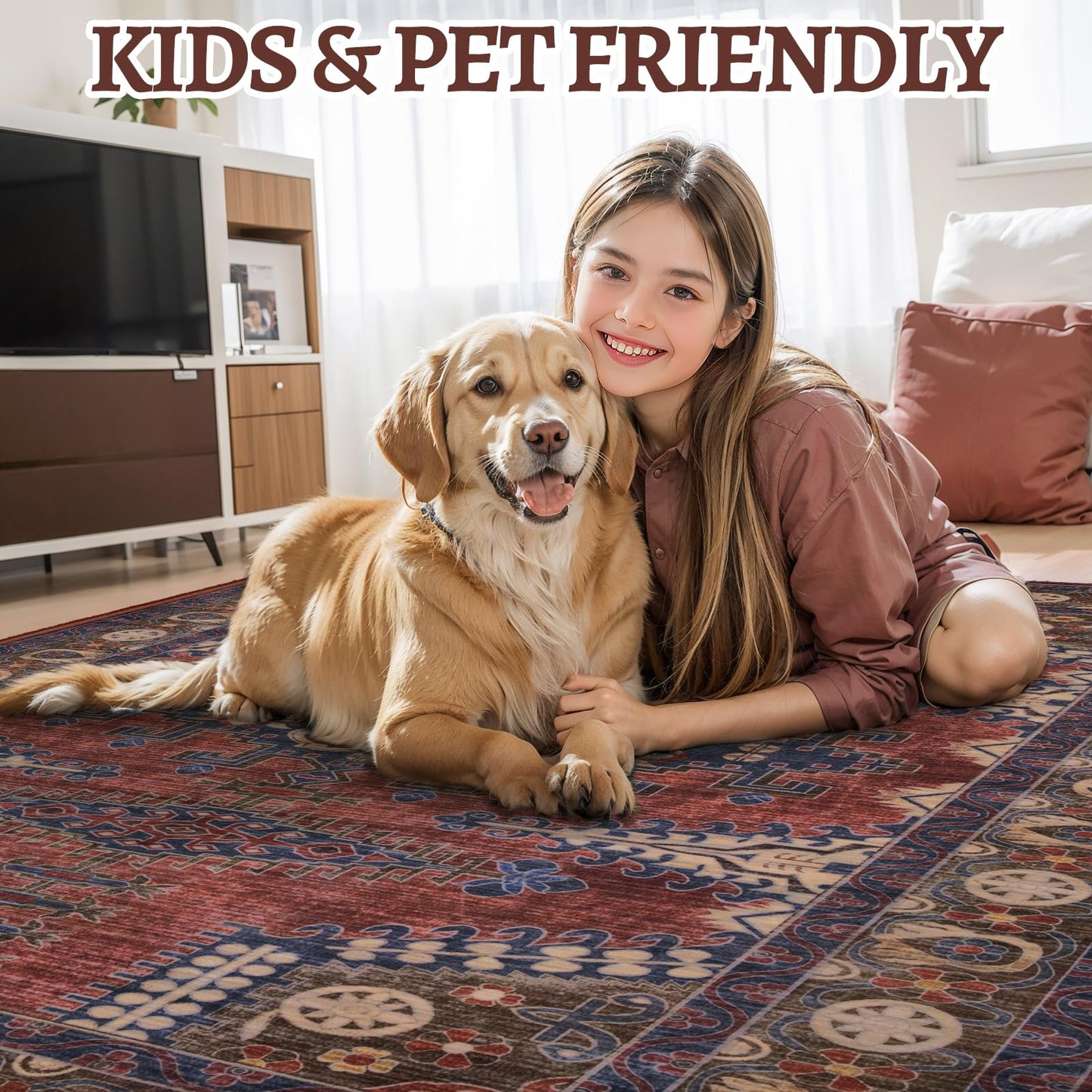 Tangsoo Washable Rug 4x6 Area Rug, Oriental Rug Indoor for Living Room, Non Slip Machine Washable Large Rugs, Soft Print Carpet for Bedroom Dining Room Dorm Office Rust/Tan