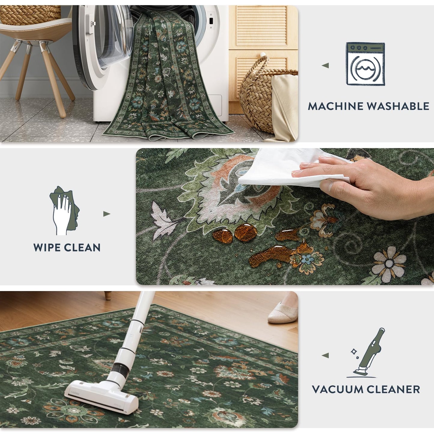 Hedlive 6' x 9' Vintage Floral Area Rug, Washable Green Living Room Rug with Non-Slip Backing, No Shedding, Stain Resistant Carpet for Bedroom Dining Room Under Table Home Office Apartment