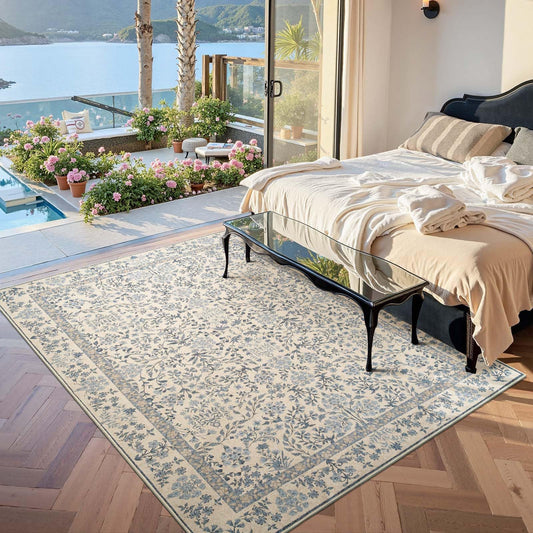 jinchan Zenith Floral 5x7 Area Rug Soft Low-Pile Living Room Rug Machine Washable Non-Slip Vintage Botanical Aesthetic Throw Carpet for Bedroom Dining Room Nursery Blue/Cream