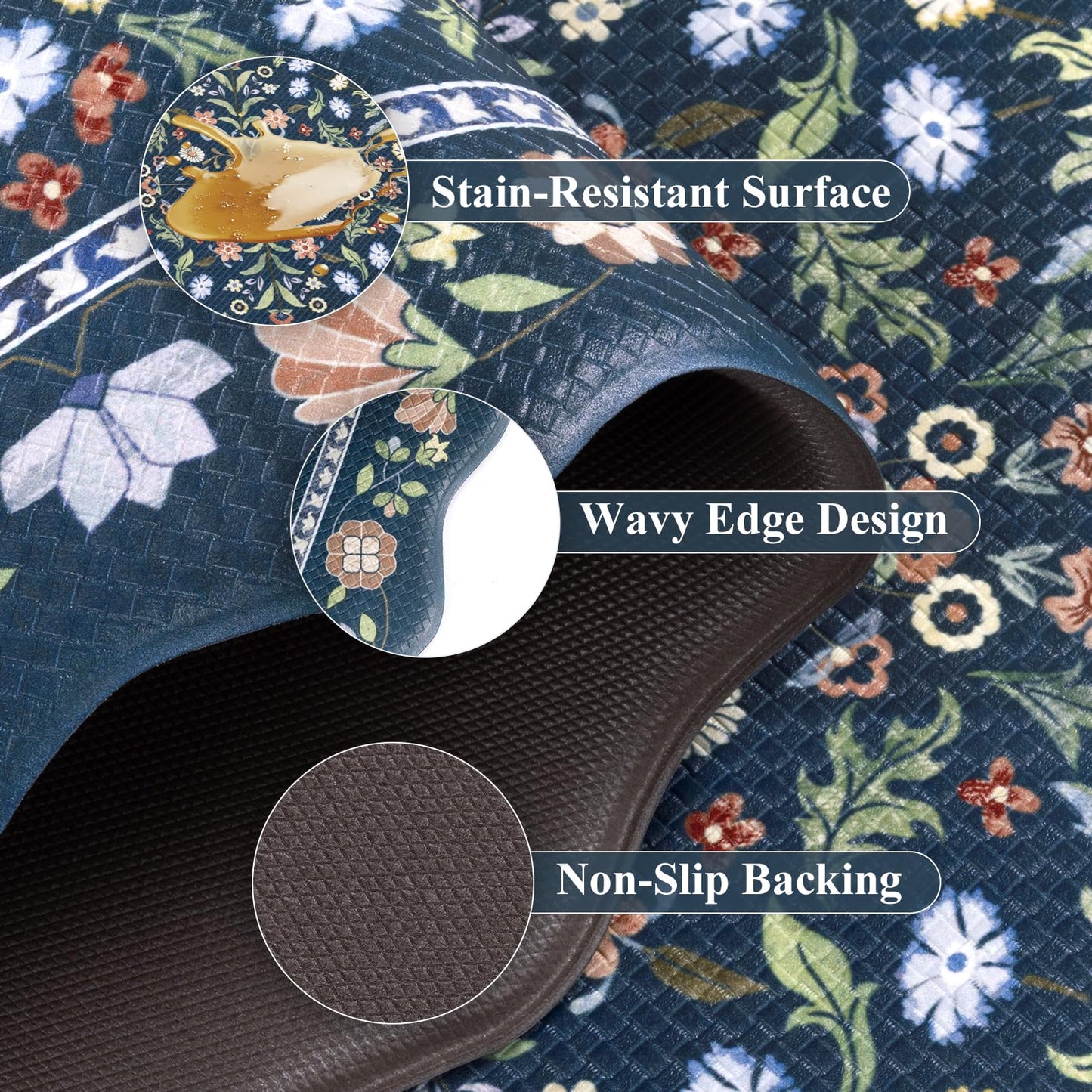 Yamaziot Anti Fatigue Kitchen Rugs Set of 3 - Boho Non Slip Waterproof Kitchen Mats for Floor, Boho Runner Rug for Kitchen Floor, Laundry, Desk, Bar, Office, 17.3"x29"+17.3"x35"+17.3"x47", Blue