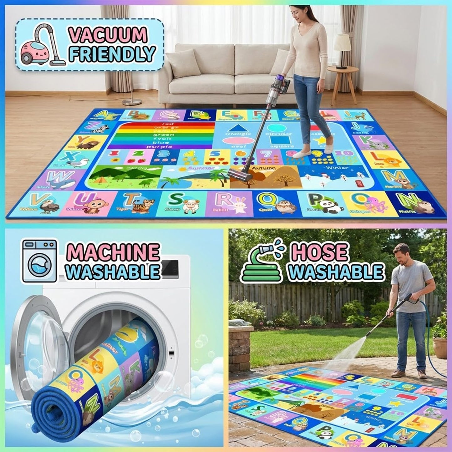 OGPJKEQR ABC Rugs for Kids Playroom Classroom, 4.5x6 Ft Educational Alphabet Rug with Numbers Animals Seasons Fruits, Non-Slip Washable Soft ABC Mat for Nursery Bedroom Boys Girls, Blue