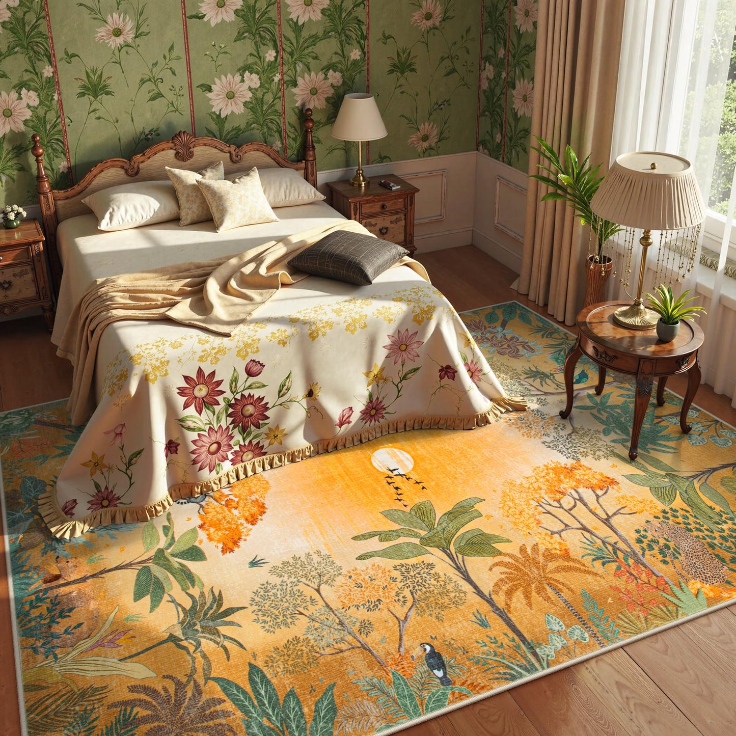 Lahome Jovence Fall Jungle 5x7 Autumn Rug for Living Room Bedroom Machine Washable Carpet, Soft Sunset Kids Rugs for Playroom, Forest Rug Non Slip Non Shedding Orange Indoor Carpet for Nursery Office