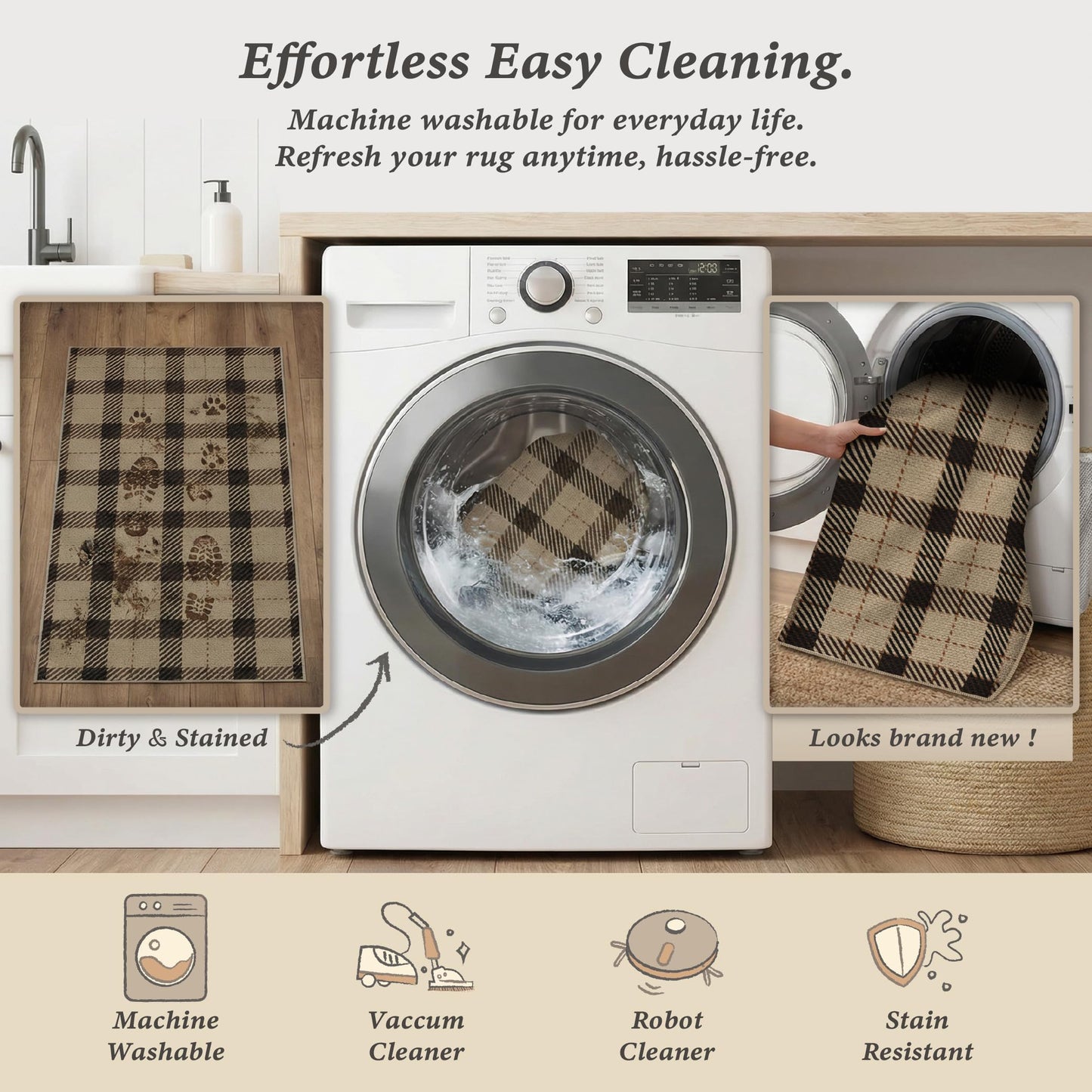 3x4 Entryway Door Mat Indoor – Washable Non Slip Small Rug for Front Door, Kitchen Sink, Mudroom, Garage Entry, Low Profile Easy Clean Farmhouse Plaid Floor Mat