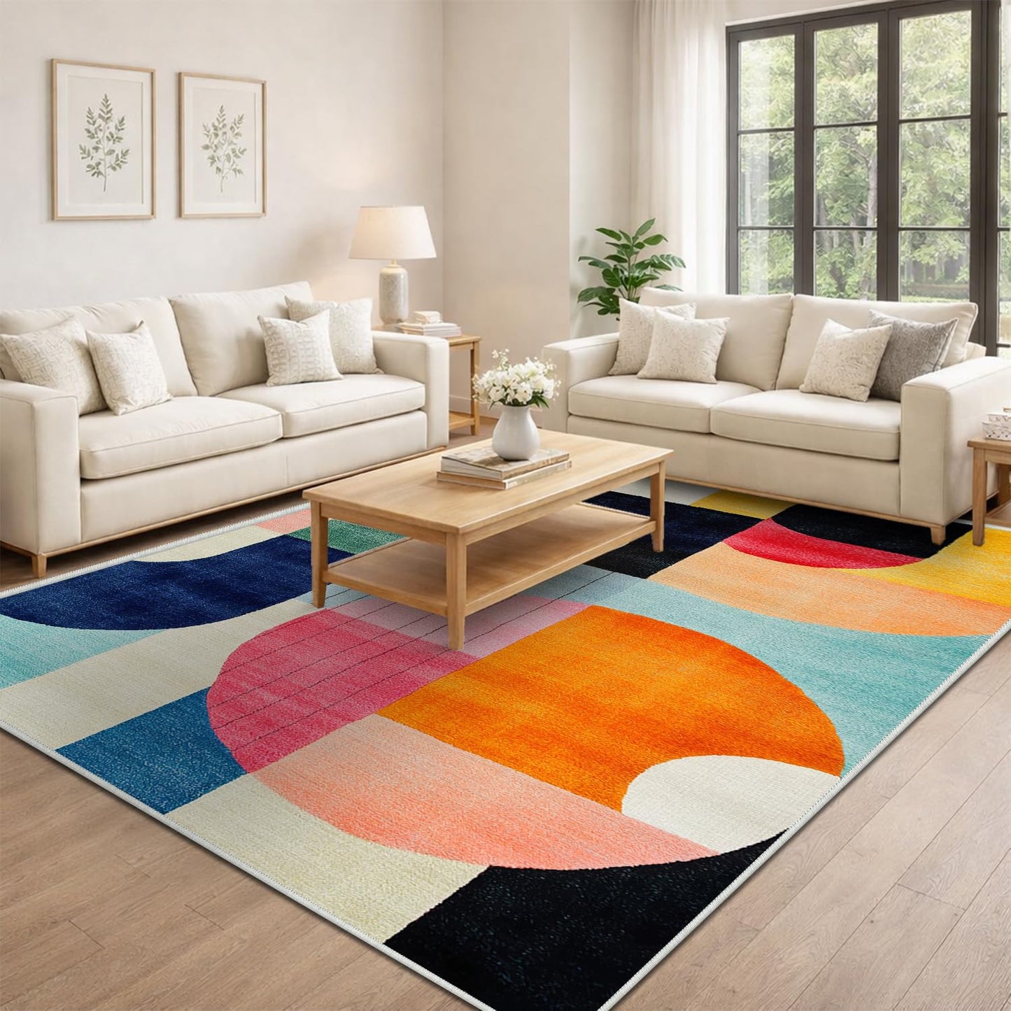 5x7 Colorful Area Rug Modern Abstract Orange Yellow Pink Blue White Beige Black Bedroom Rug Low Pile Thin Large Carpet Living Room Non Slip Dining Room Stain Resistant Office Washable Machine