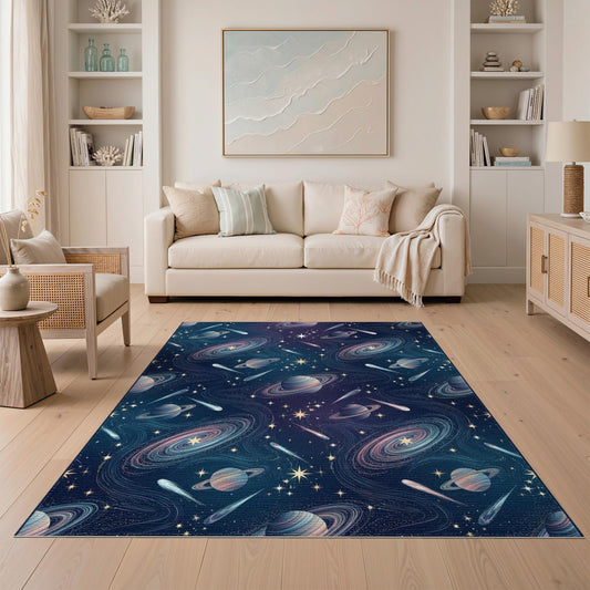 ODIKA 5'x7' Themed Midnight Displaying Bodies Cosmic Artwork Starry Washable Area Rug Non-Slip Low Profile for Guest Room, Lounge, Apartment