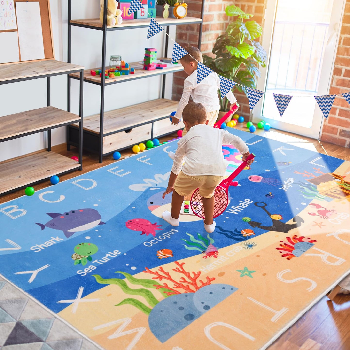 AKASISRUG Kids Rugs for Playroom,3'3" x 4'11" ABC Alphabet Whale Kids Rug,Non-Slip Ocean Kid Rug Play Mat,Washable Educational Classroom Rug Kids Area Carpet for Kids Room Playroom(for Age 2+)
