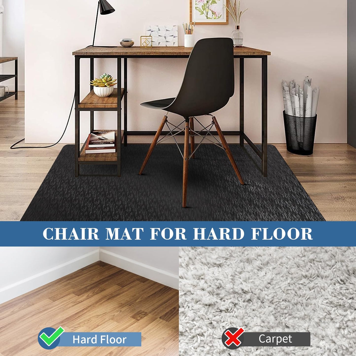 Office Chair Mat, TYDLE 50" x 65" Large Chair Mat for Hard Floor, Vinyl Floor Mat for Gaming Chairs, Slip Resistant Floor Protector Rolling Computer Desk Mat for Hardwood Floor, Black