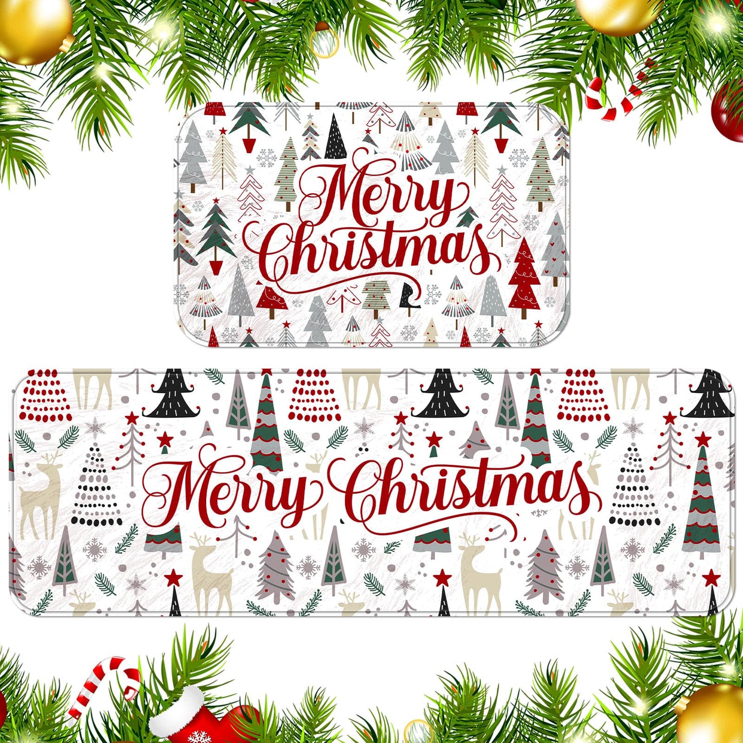 2 Pcs Merry Christmas Kitchen Rugs and Mats Non Slip Christmas Tree Kitchen Rugs Seasonal Winter Xmas Floor Mats for Holiday Indoor Outdoor Home Farmhouse Entryway Decorations, 17x47 and 17x29 Inch