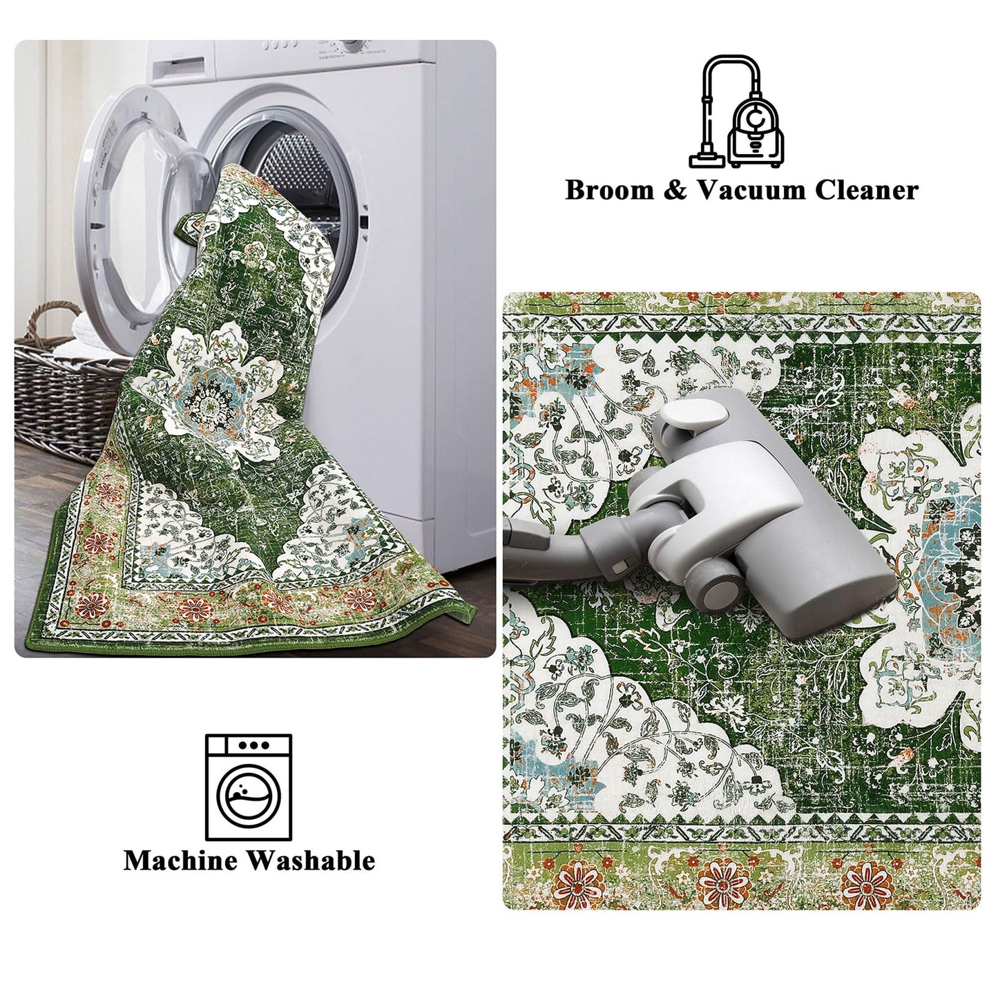 Ileading Bohemian Vintage Area Rug 4x6ft, Machine Washable Low-Pile Accent Carpet, Non-Shedding Non-Slip Living Room Floor Throw Rugs for Bedroom,Dining Room,Kids Playroom,Rv,Office(Green)