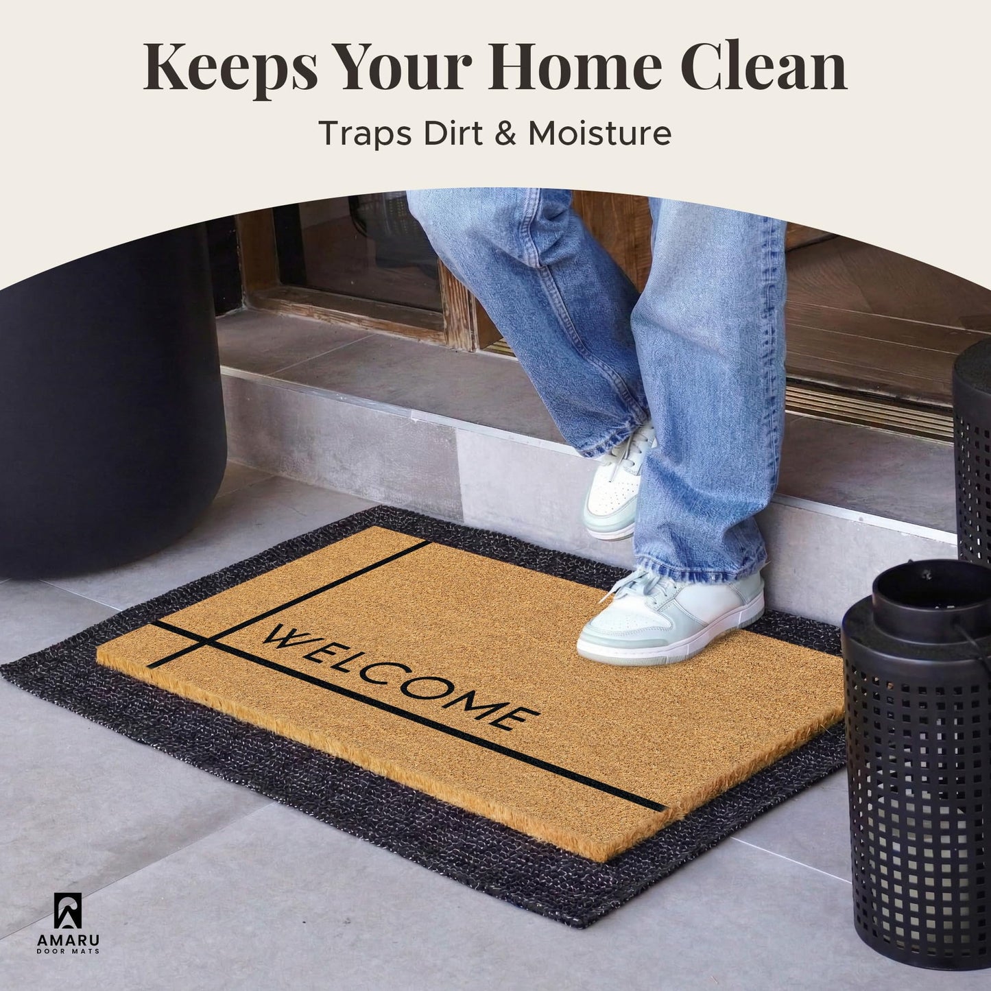 AMARU DOOR MATS - Natural Coir Door Mat, Minimal Shedding, Heavy Duty Non-Slip Welcome Mat for Front Door, Outside Entrance, Porch & Entryway (17x29, Welcome 7)