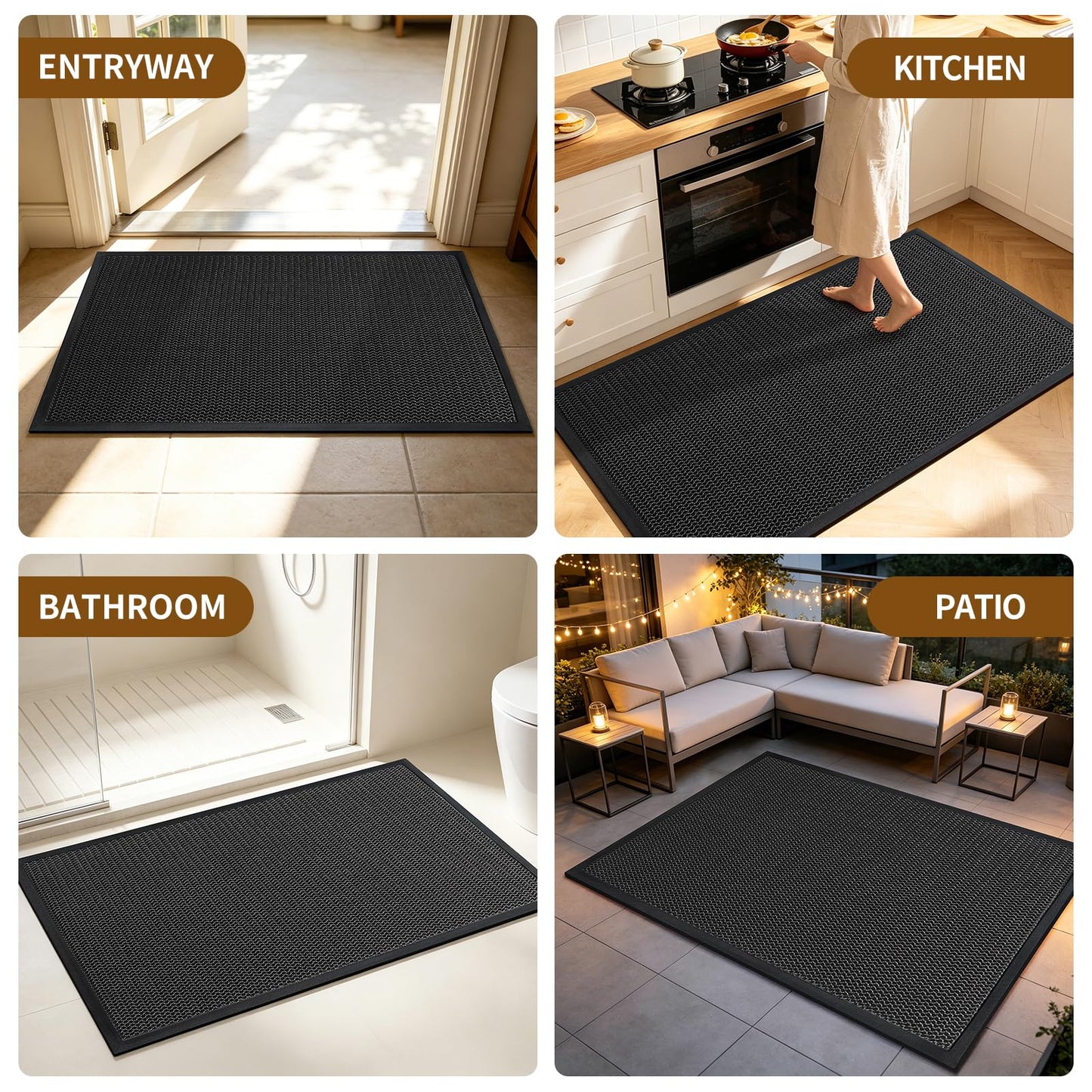 WELDUN Front Door Mat, Heavy Duty Non-Slip Rubber Dirt Trapper, Quick-Dry Low-Profile Washable Easy Clean, Welcome Mat for Indoor Outdoor Entryway Porch Patio Garage Mudroom 30"x17", Black
