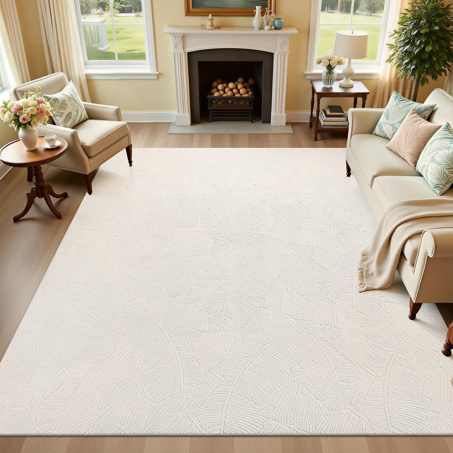 Ileading Washable Area Rug for Living Room 8x10 ft, Beige Soft Fluffy Tropical Leaf Carpet with Non Slip Backing, Low Pile Rugs for Bedroom Dining Room Indoor Home Office