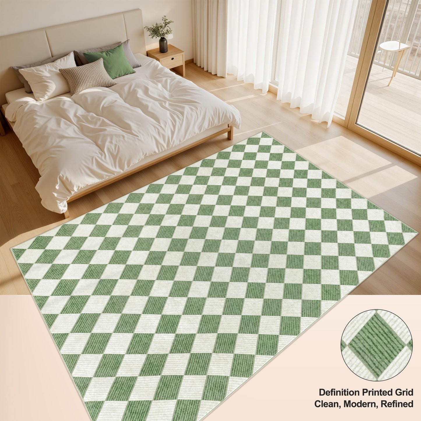 Kiginara Washable Green Checkered Rug 5x7, Non-Slip Low Pile Area Rug for Living Room, Bedroom, Nursery, Modern Neutral Farmhouse Diamond Carpet, Pet & Kid Friendly
