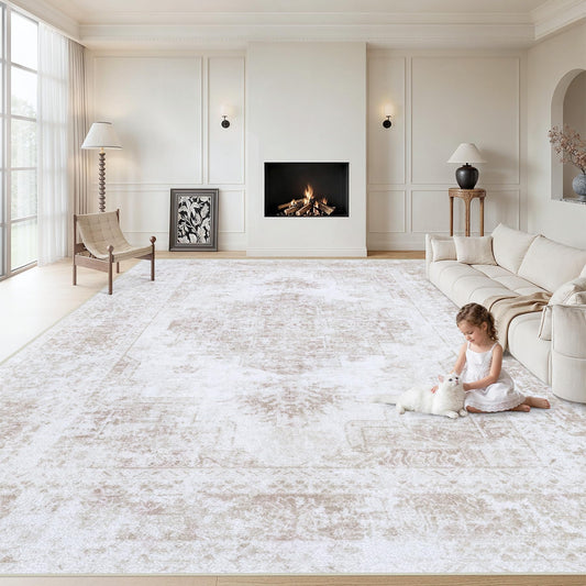 XLUEZ Area Rug 9x12 Living Room Rug, Machine Washable Vintage Distressed Medallion Rug Non-Slip Soft Low Pile Large Indoor Rugs for Bedroom Kitchen Dining Room Office(Beige,9'x12')