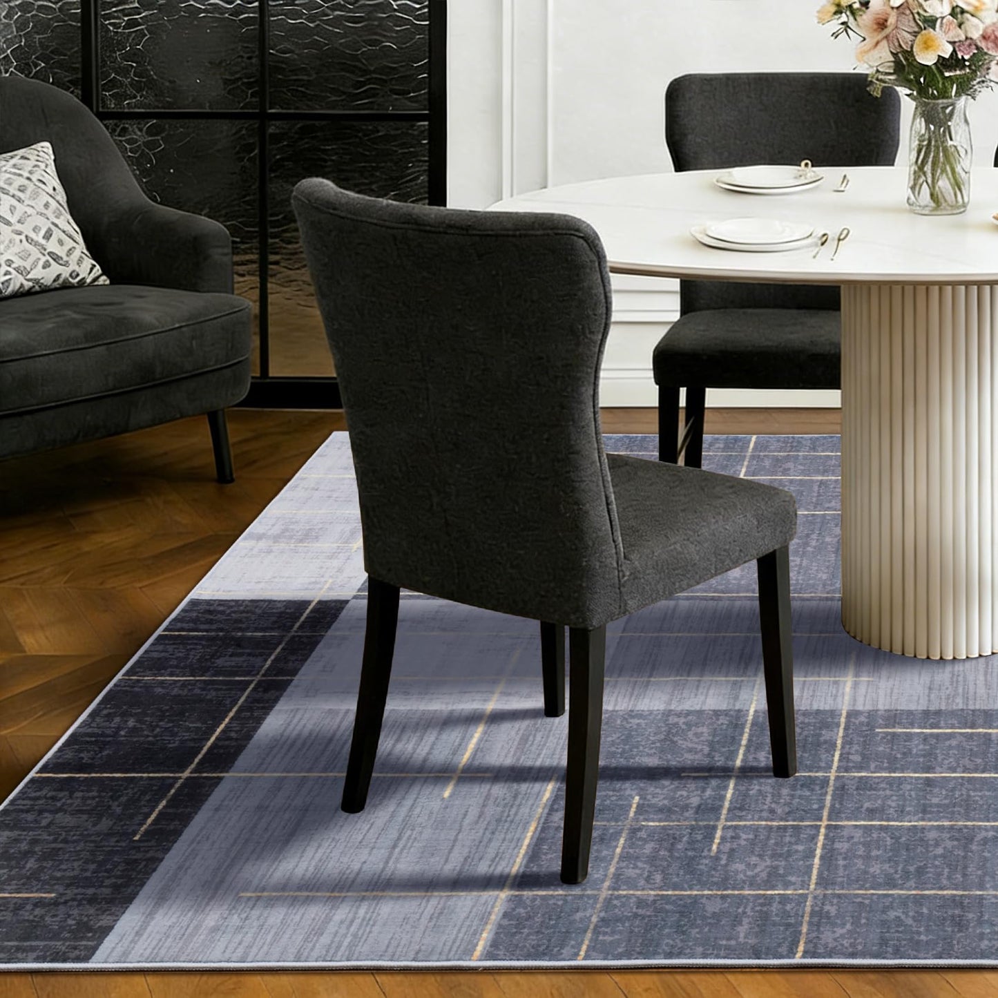 YIHOUSE 6x9 Geometric Checkered Abstract Modern Area Rugs for Living Room,Contemporary Washable Rugs with Gold Striped,Blue and Grey White Carpet for Bedroom Living Room