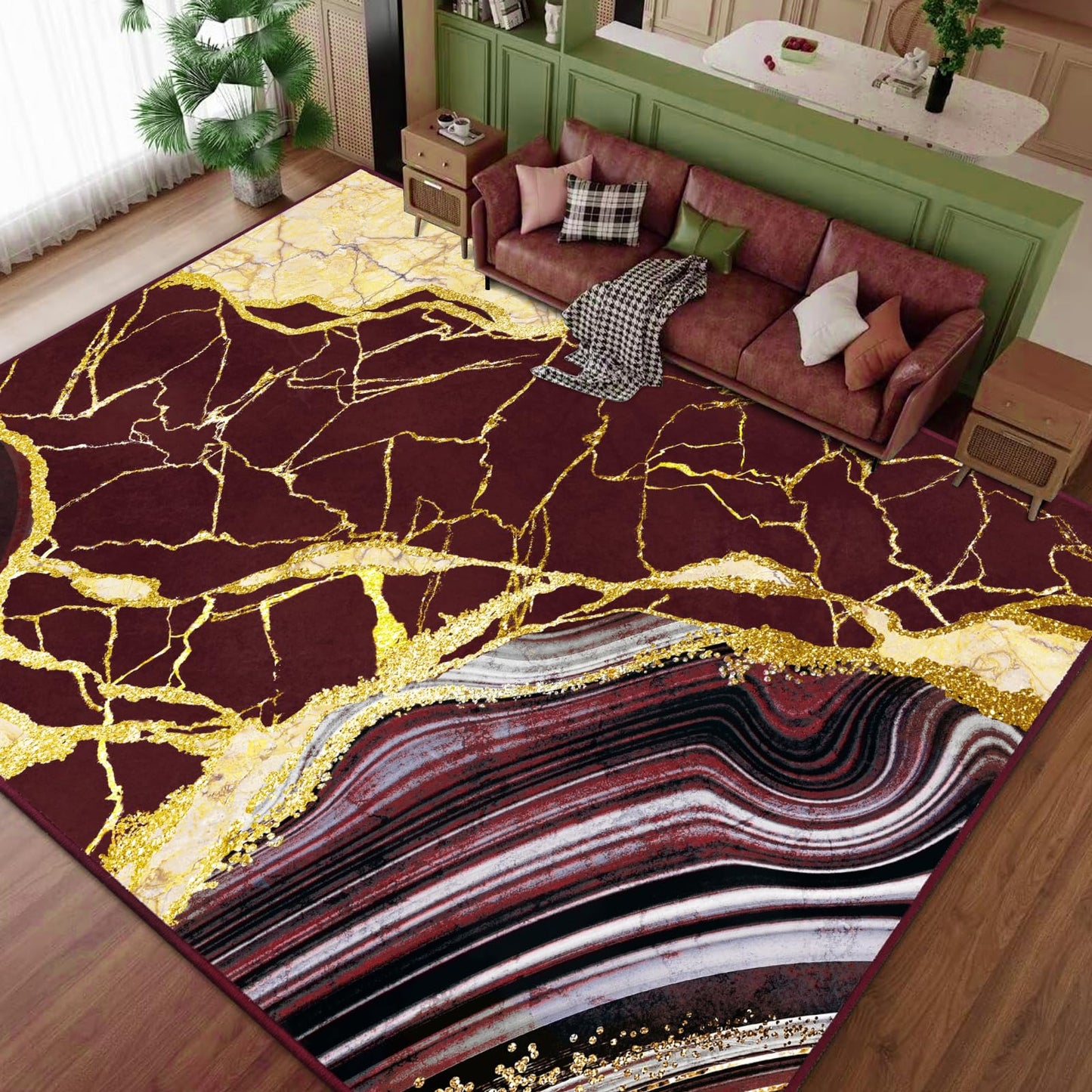 ASPMIZ Marble 9x12 Area Rug Red and Gold Washable Rugs for Living Room, Soft Faux Wool Bedroom Rugs Non Slip Modern Floor Carpet Low Profile Extra Large Throw Rug for Dining Room Home Office Decor