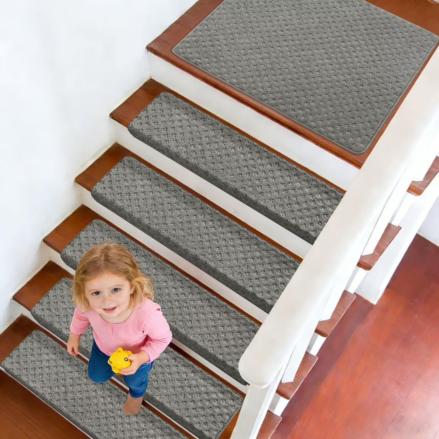 DEXDE Bullnose Carpet Stair Treads Non Slip for Wooden Steps Indoor, 30" x 9.5" x 1.7" (7 Pack) Grey - Peel and Stick Stair Runner Rugs with Edge Protection, Washable & Reusable Pet Friendly Mats