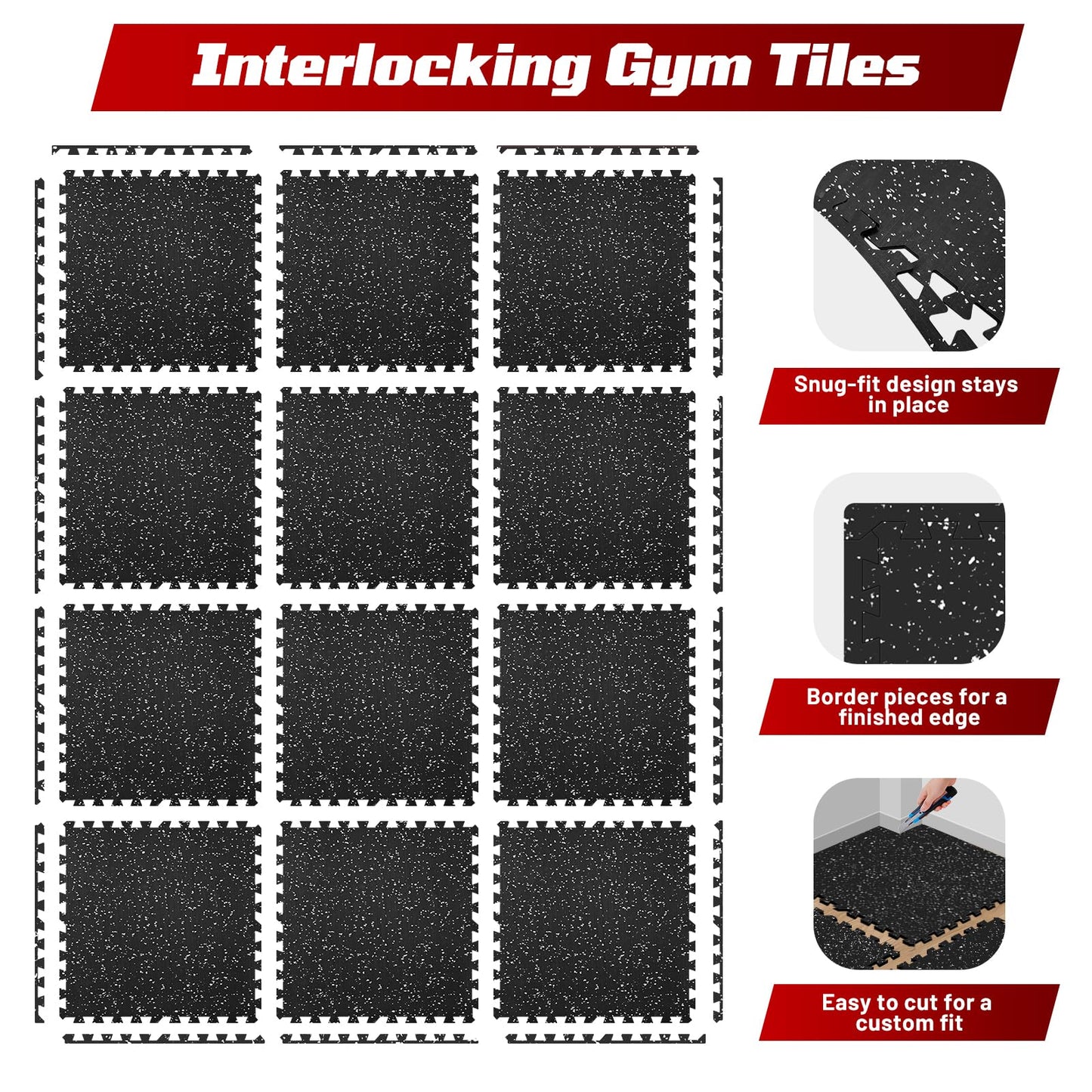 HOTMVP Interlocking Exercise Equipment Mats, 0.56" Thick 12 Tiles (48 Sq Ft) - Rubber Top Gym Flooring with High Density EVA Foam, Heavy Weight Workout Mats for Home GymFloor Protection,Black/White