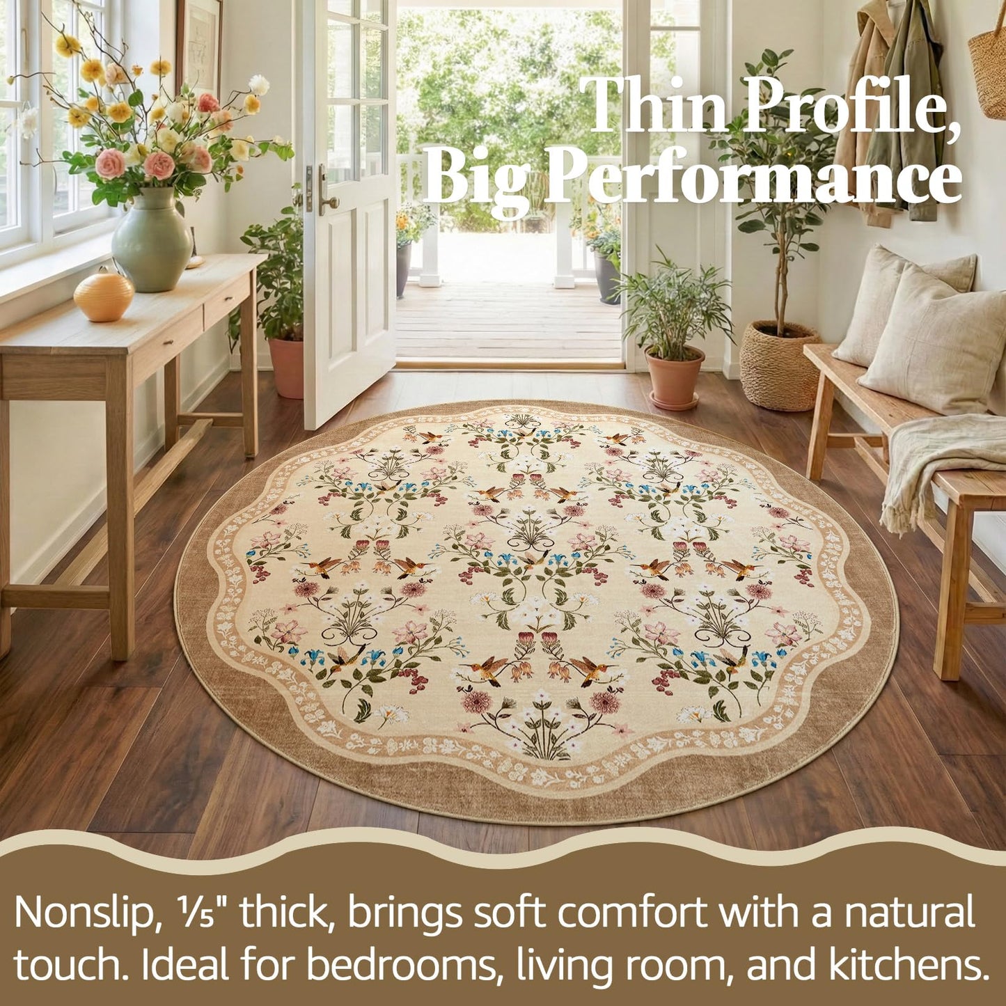 jinchan Round Rug 6ft Floral Entryway Rug Soft Washable Kitchen Oriental Non Slip Mat Low Pile Chinoiserie Lightweight Flower Throw Carpet for for Bedroom Living Room Playroom Office, Light Taupe