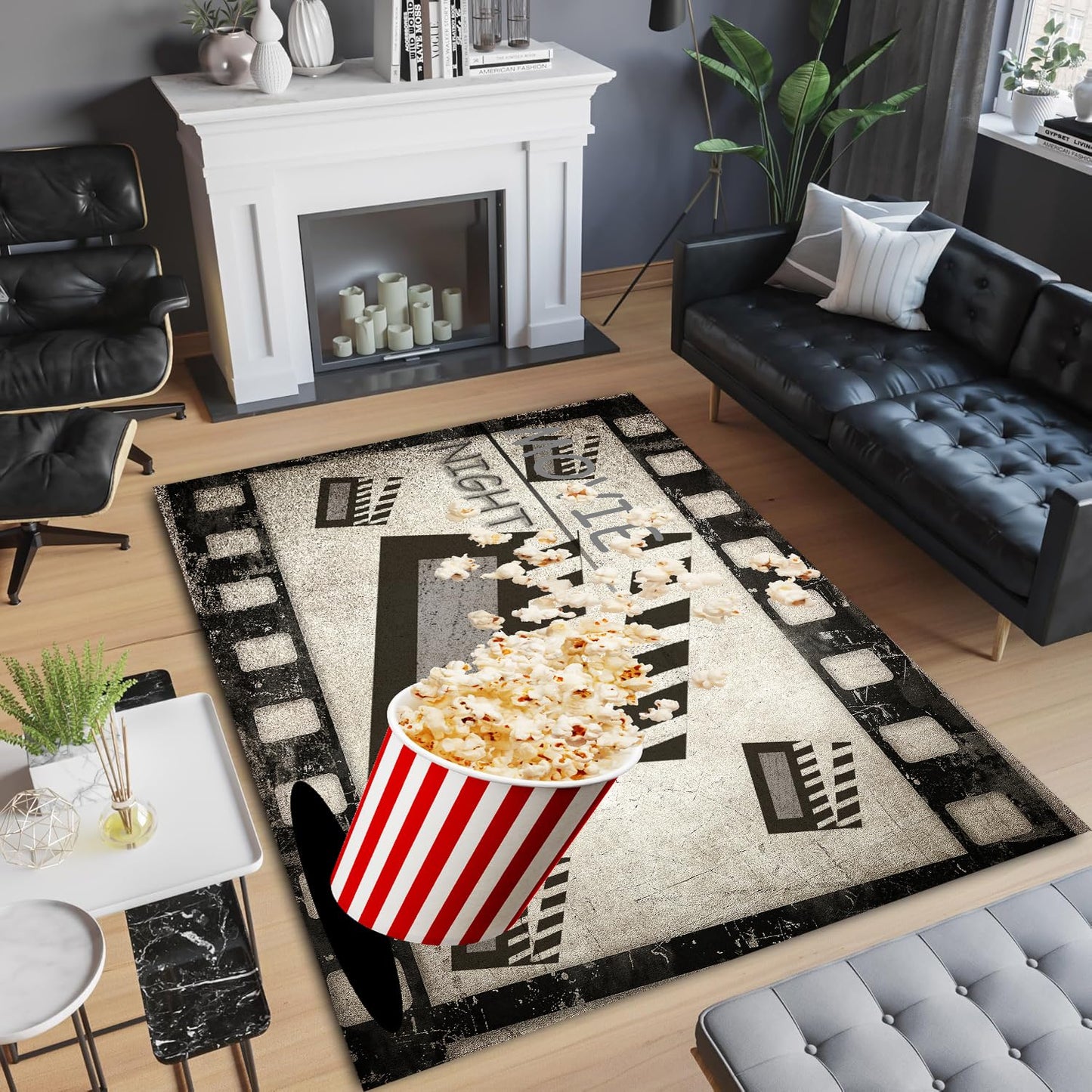Movie Area Rug, 2x3ft Cinema Themed Rug, Indoor Entrance Non-Slip Mat, Kids Playroom Washable Carpet, Popcorn Clapboard Movie Night Carpet for Living Room Entertainment Home Theater Area