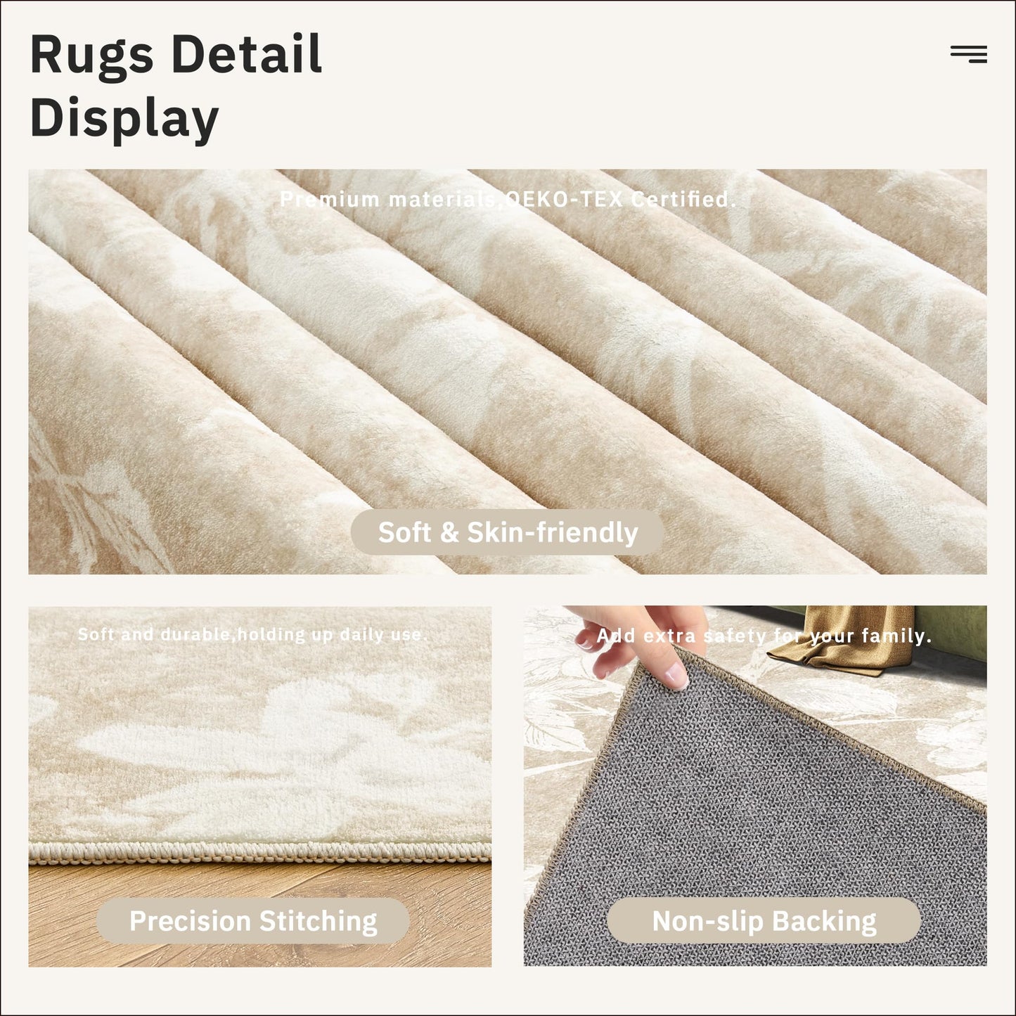 Soalmost Floral Washable Rugs 6x9 for Living Room, Oriental Flower Neutral Area Rug with Soft Low-Pile Non-Slip Thin Throw Carpet for Bedroom Farmhouse Dining Room Nursery Home Office (6'x9',Beige)