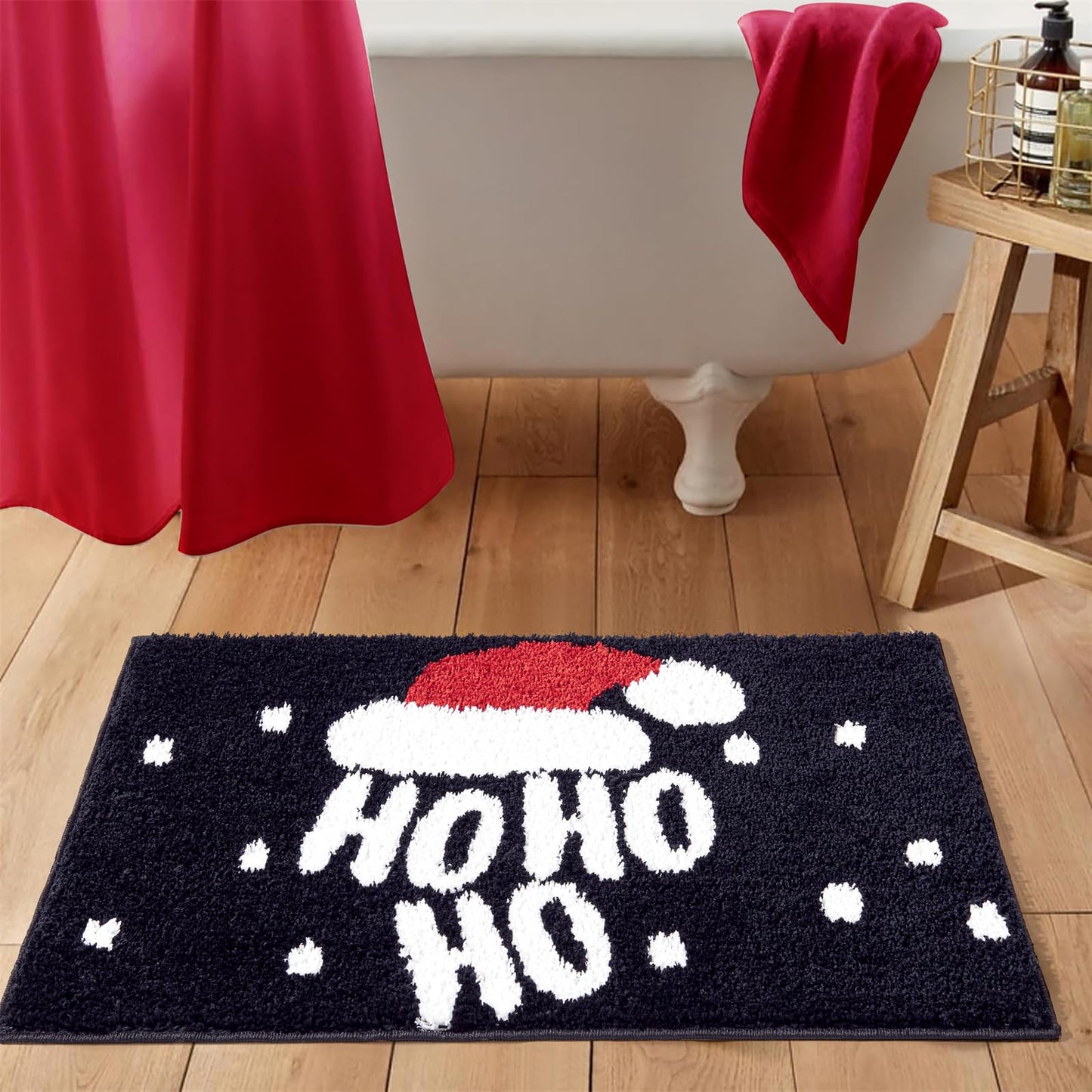 Ho Ho Ho Christmas Holiday Bath mat Washable Non Slip, 20’’W x 32’’L Santa Claus Festive Christmas Hat Bathroom Rugs Decor, Absorbent Shaggy Microfiber Xmas Winter Snow Bath Rug Shower Floor Mat