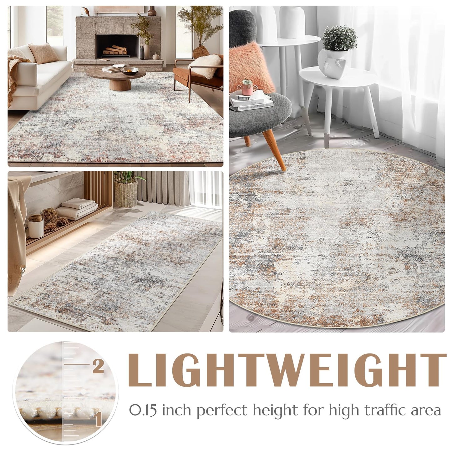 jinchan Round Rug 5ft Modern Area Rug 5' Round Circle Mat Washable Abstract Distressed Floor Cover Taupe Multi Print Contemporary Non-Slip Overdyed Thin Carpet for Entryway Kitchen Living Room
