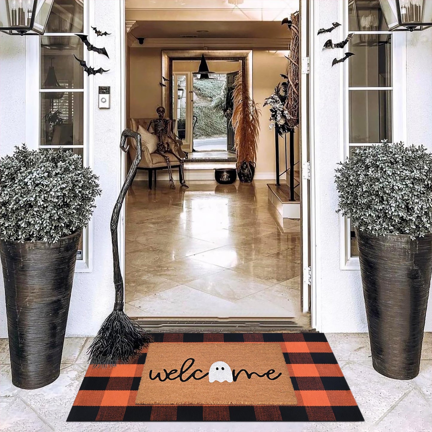 Halloween Decor Doormat Combo Set, Welcome Ghost Coco Coir Welcome Mat + 28" x 43" Orange and Black Plaid Rug, Autumn Halloween Front Porch Entryway Decor Floor Mat