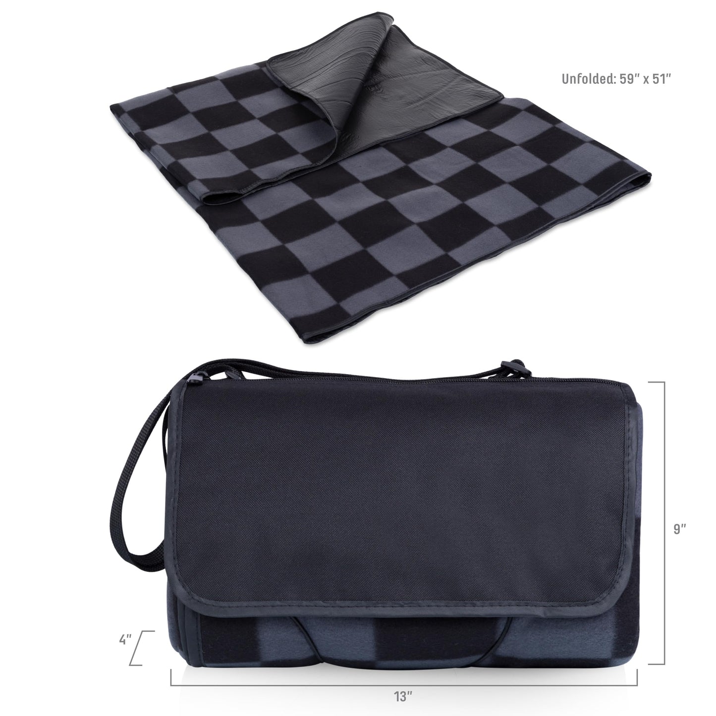 Picnic TIME Outdoor Picnic Blanket Tote, 59"x51" Foldable Beach & Camping Blanket with Soft Fleece, Water-Resistant Bottom, Adjustable Strap & Zippered Pocket (Black Checkers)